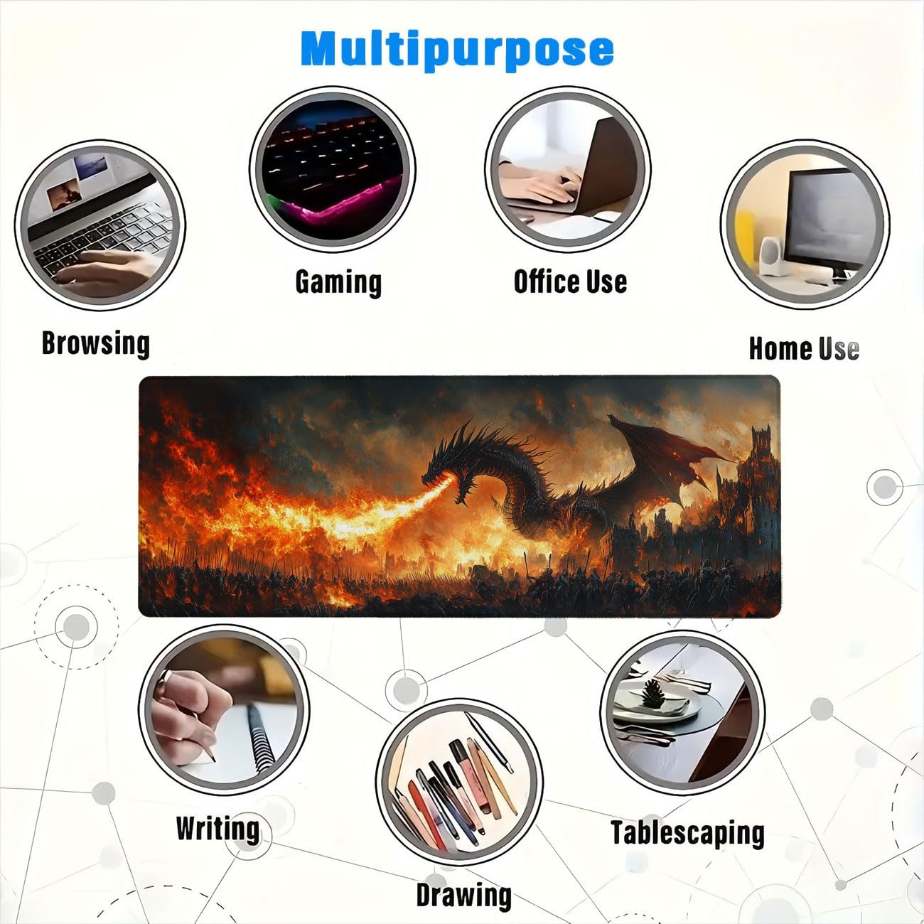 Dragon Gaming Mousepad, Fire Knight Castle 31.5L x 11.8W inches,