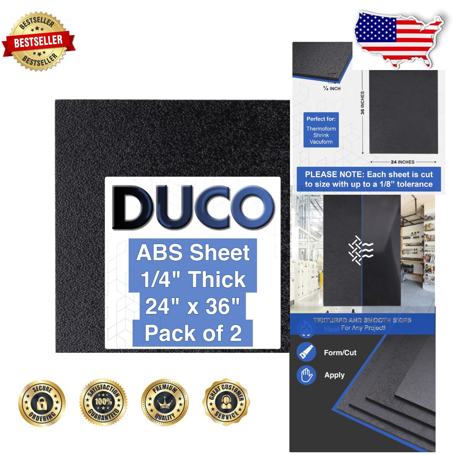1/4″ ABS Sheet 24×36″ Black Textured Matte – Heat Moldable 2pk
