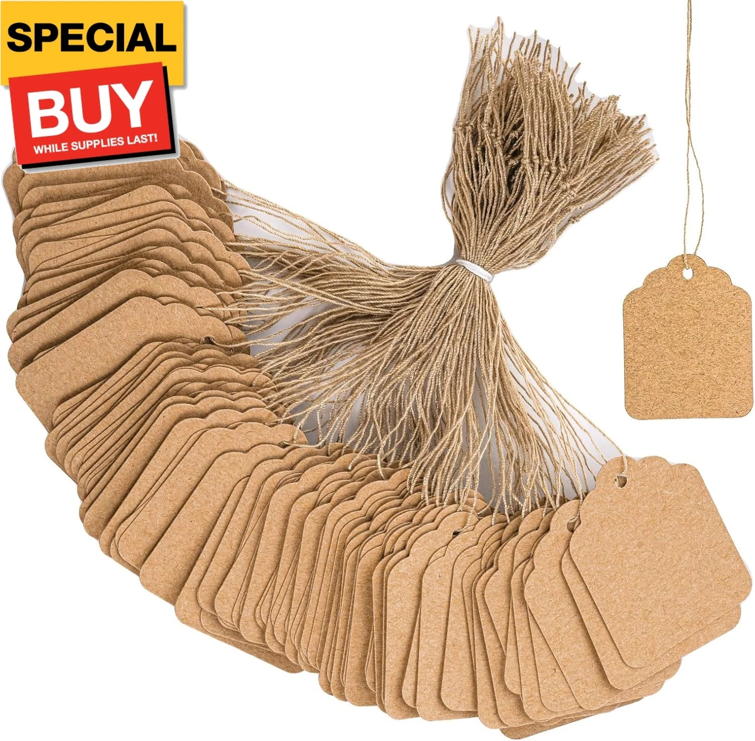 500 Pcs Kraft Paper Tags with String Attached Labels Display Tags Brown Price Ta