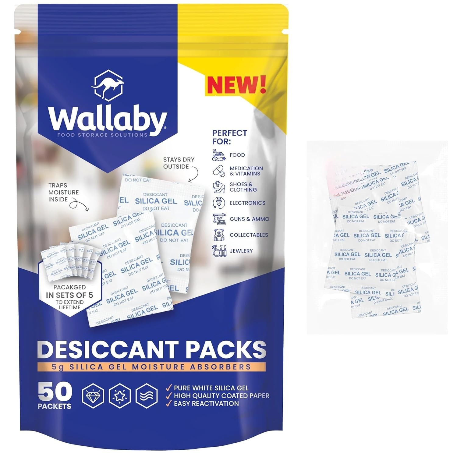 Wallaby 5g Silica Gel Desiccant Packs Food Safe Rechargeable 50 Pack