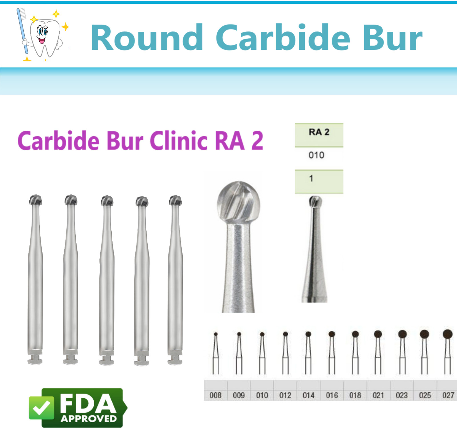 RA #2 Round Carbide Bur for Slow Speed latch type #2 RA bur, 5/Pk Dental Burs RA