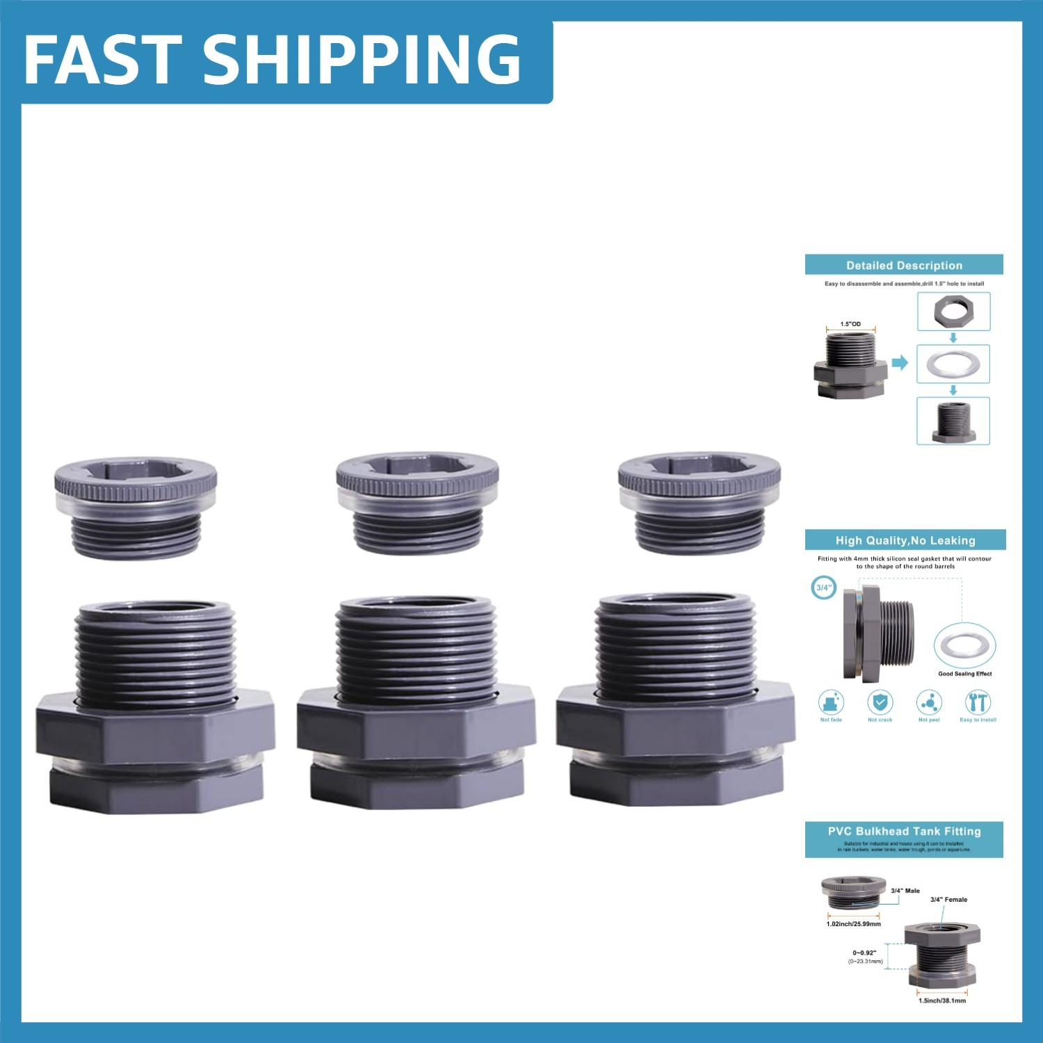 Secure and Easy-to-Install 3/4 Inch PVC Bulkhead Adapters Set of 3 with Plugs