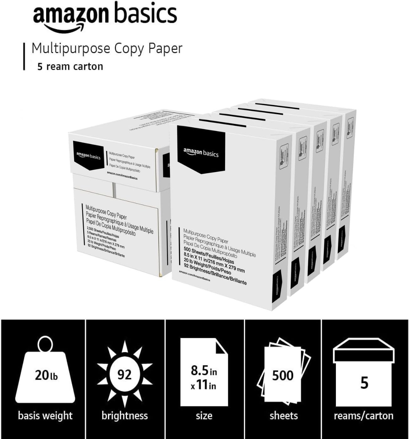 Amazon Basics Multipurpose Copy Printer Paper, 20 Lb, 8.5 X 11 Inches, 5 Reams (