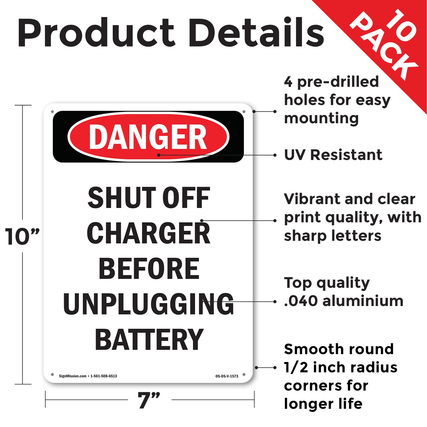 Portrait Shut Off Charger Before Unplugging OSHA Danger Sign, Decal 5 or 10 Pack