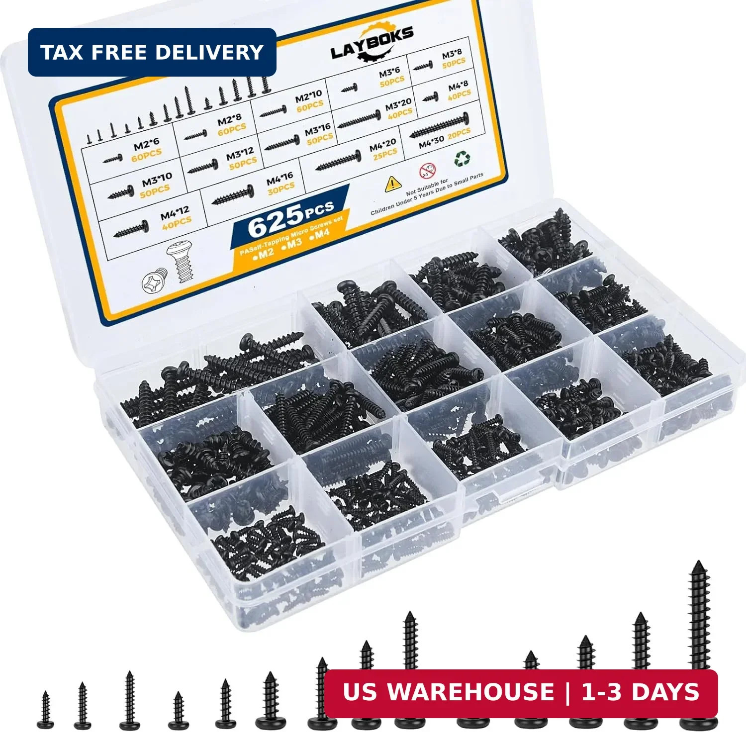 625 Pcs 14 Size Small Self Tapping Screws for Plastic and Metal, M2,M3,M4 Philli