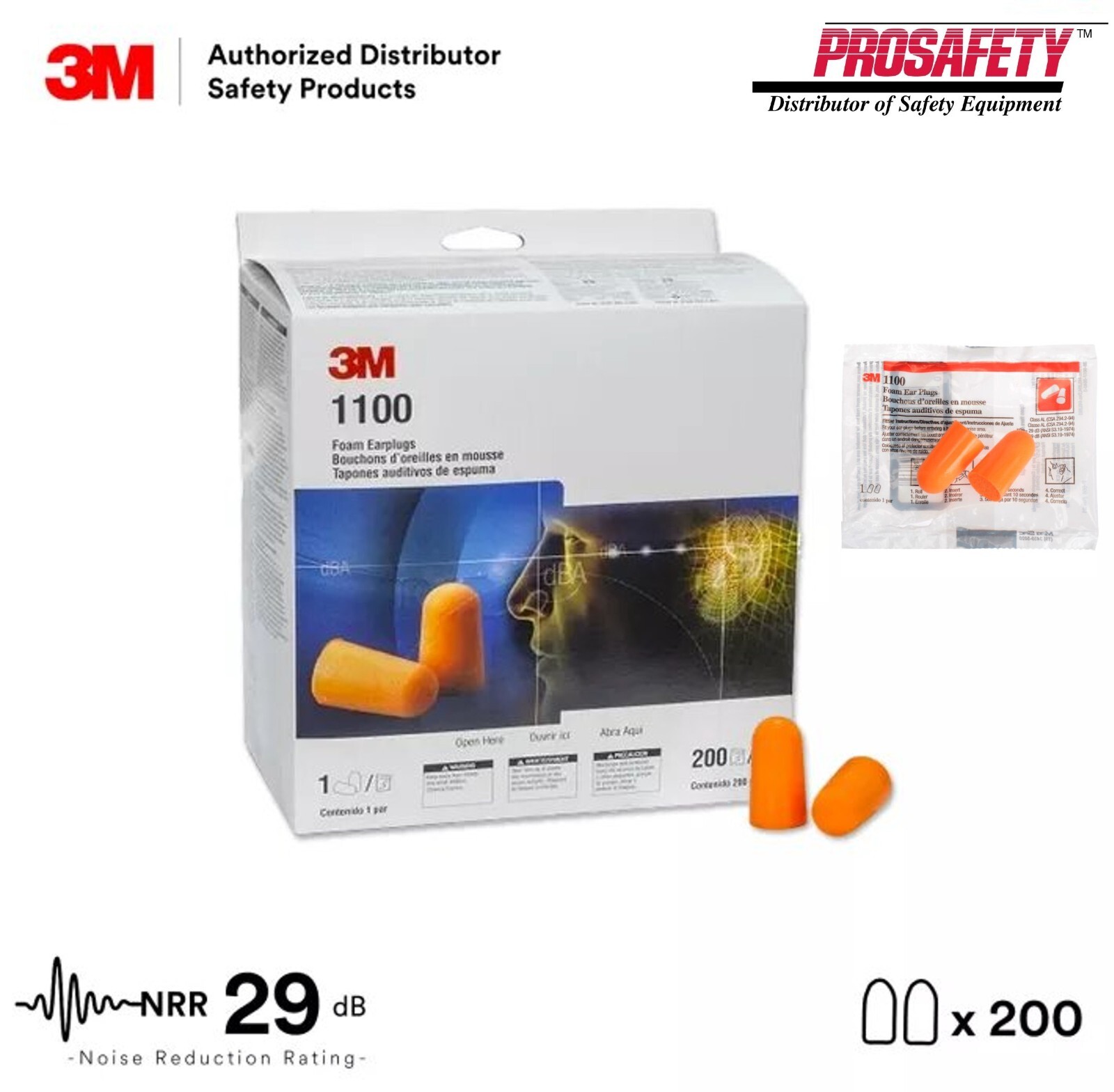 3M 1100 Disposable Foam Noise Reduction 29 db EAR PLUGS Shooting Sleep Aid 200PR