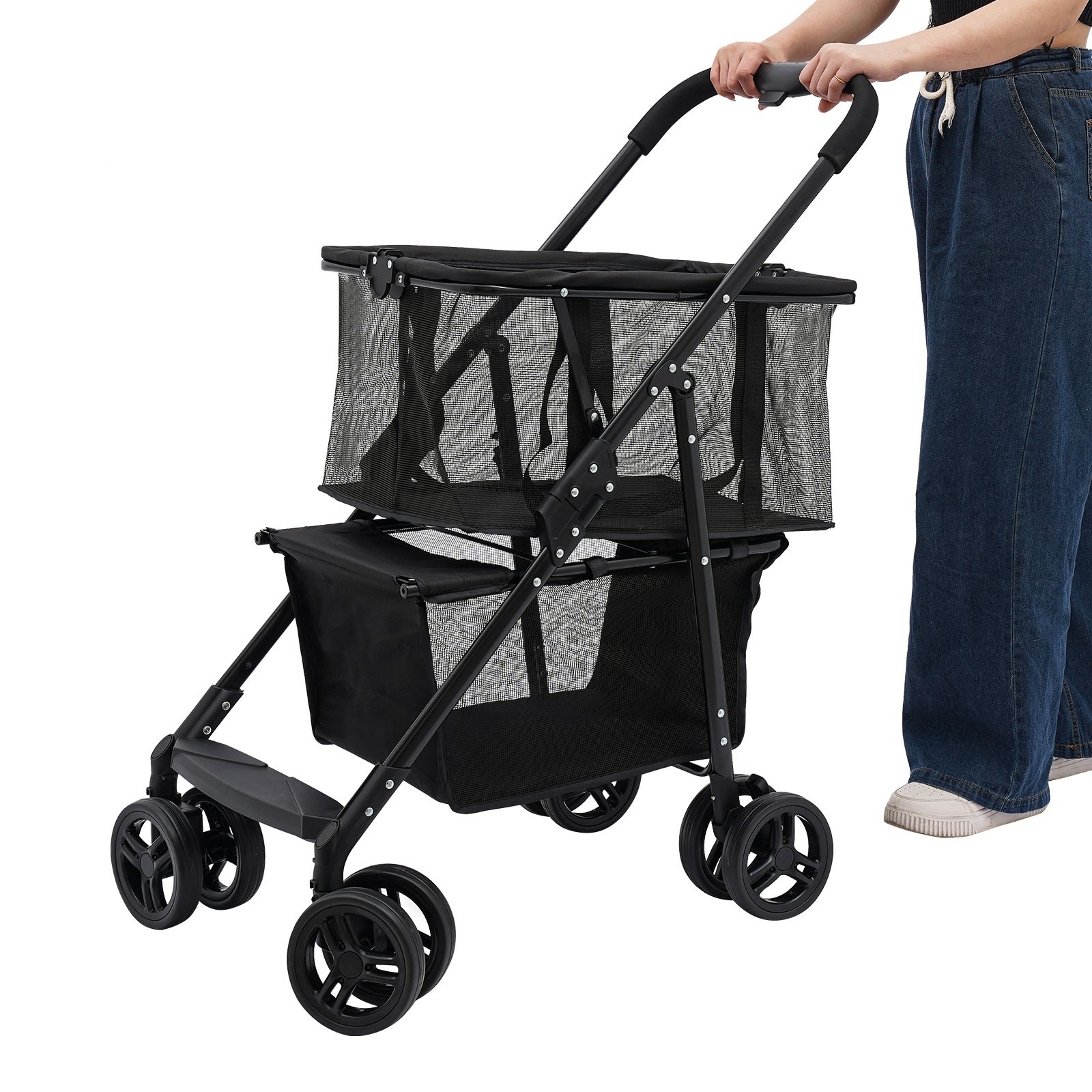 Oxford Cloth Foldable Shopping Cart 50kg Black Wheels Detachable Bag