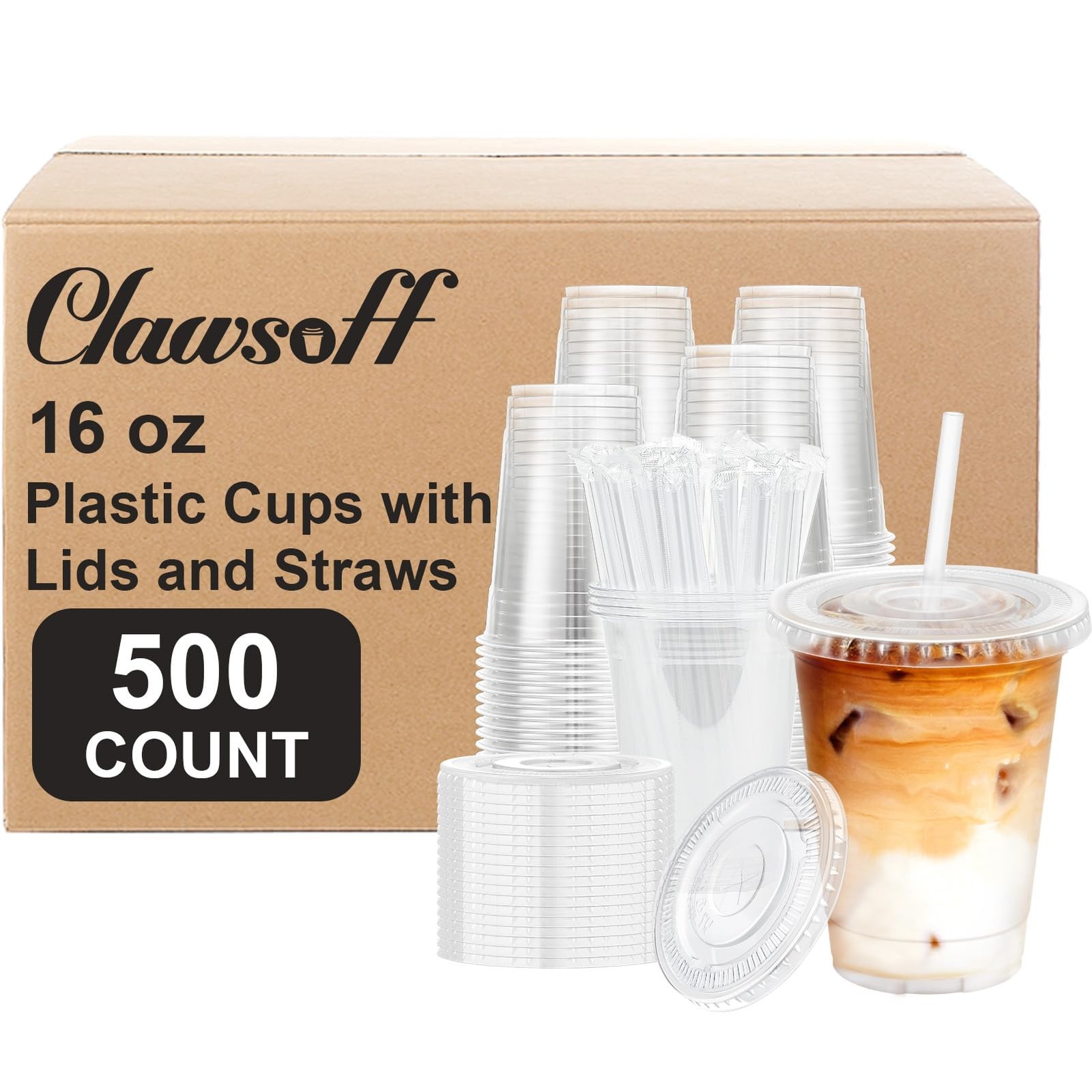 Clawsoff 16oz 500 Ct Clear Cups Lids Straws