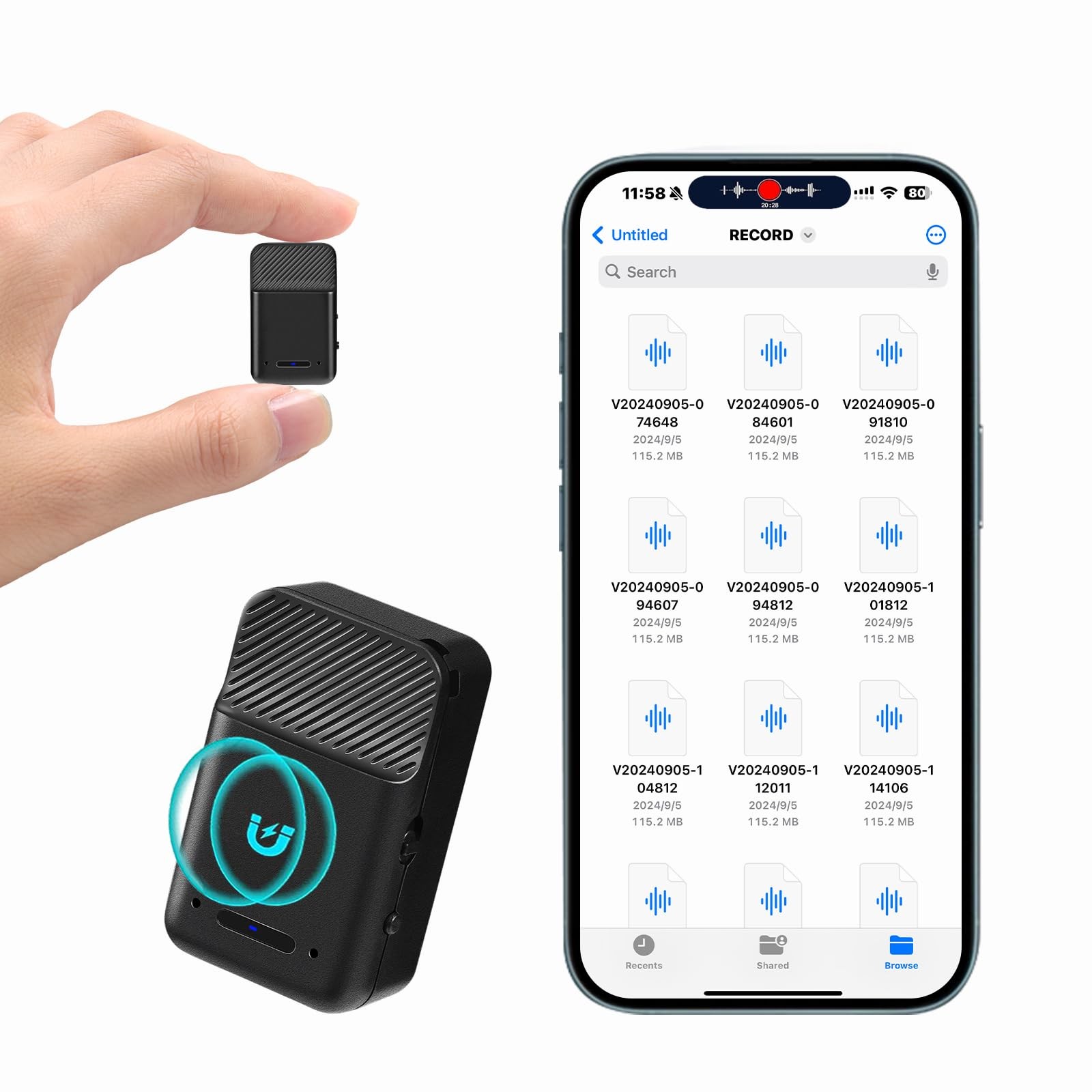 Mini Voice Recorder,64GB Magnetic Voice Activated Recorder with AI Noise Canc…
