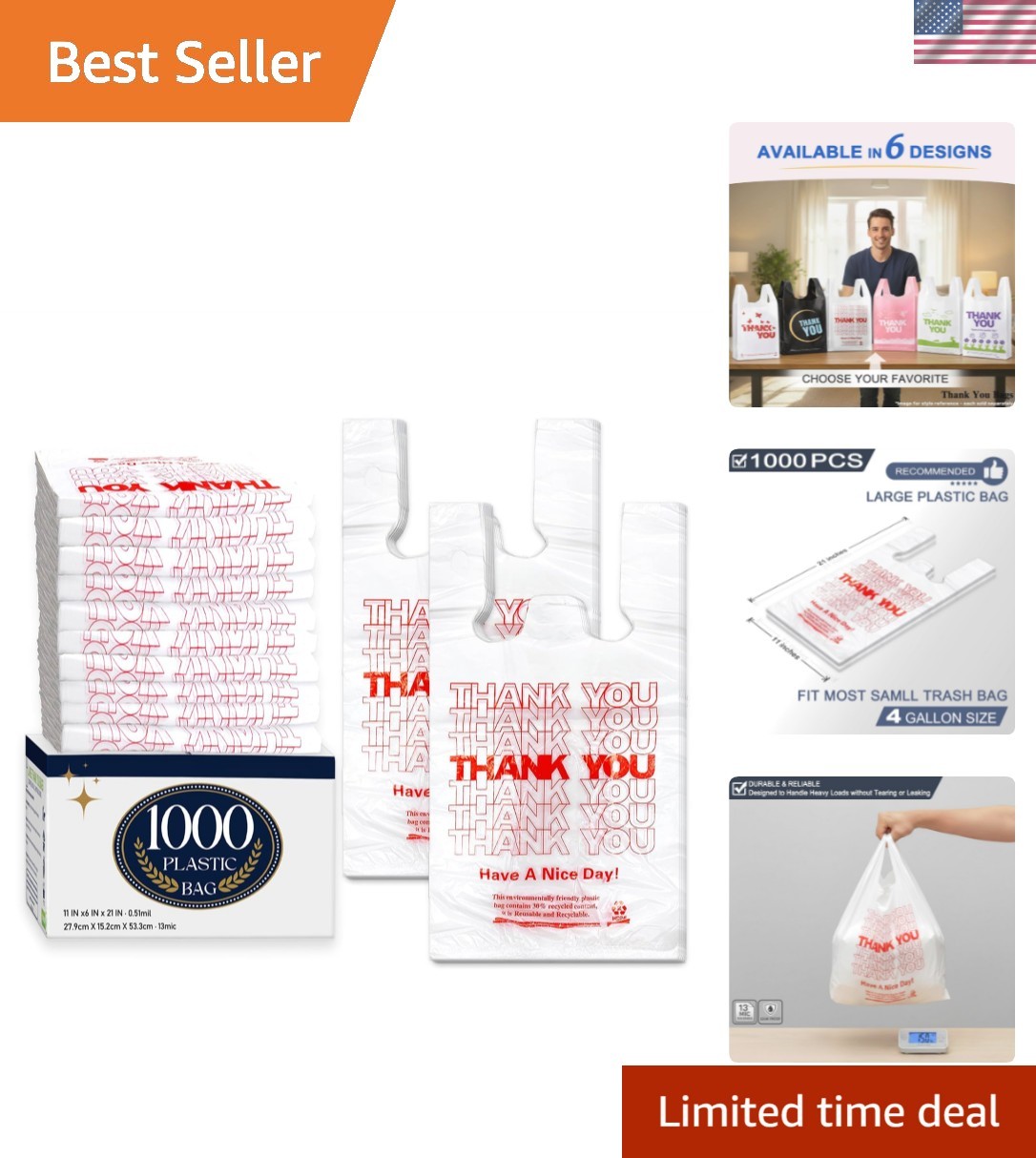 1000 Pack White Thank You T-Shirt Bags with Handles, 11″x6″x21″ Plastic Shopp…