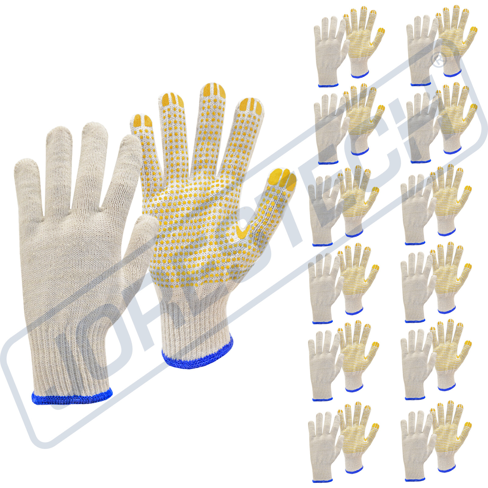PVC-Dotted String Knit Gloves, Natural White/Blue, 12 Pairs