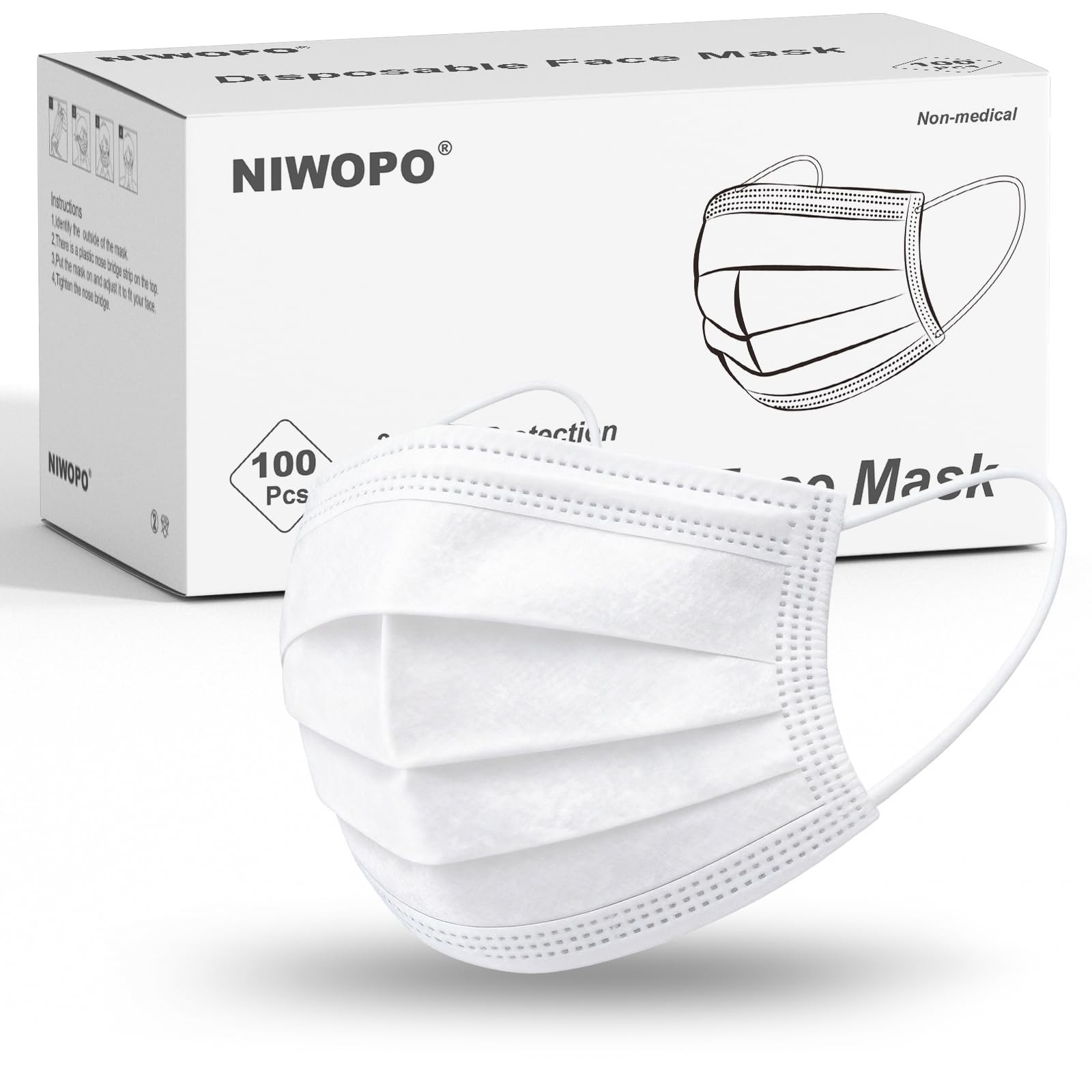 Disposable Face Masks 100 Pack, 3 Ply Breathable 1 Count (Pack of 100), White