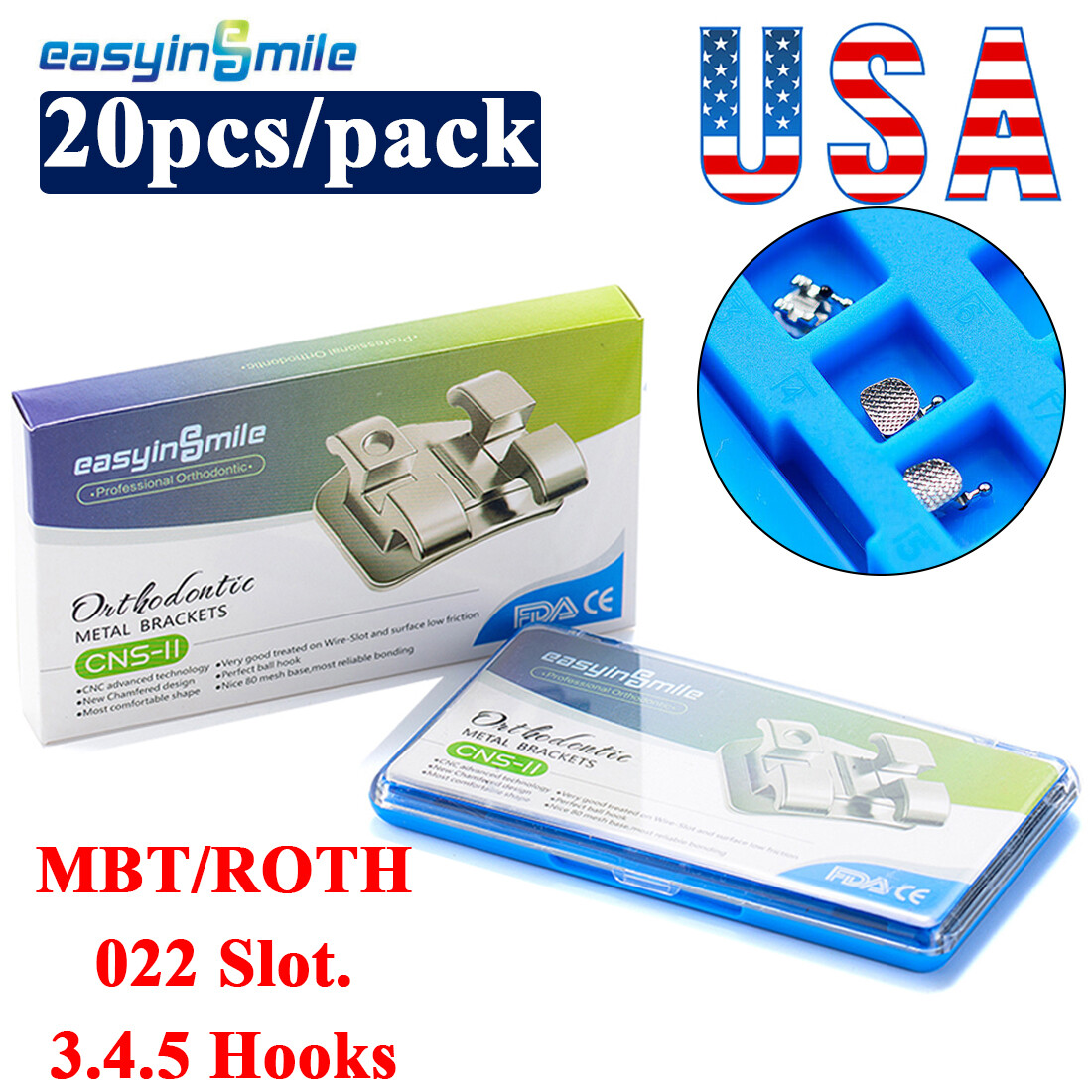 5pK Orthodontic Dental Brackets Brace Mini Roth/MBT 018 022 345 Hook EASYINSMILE