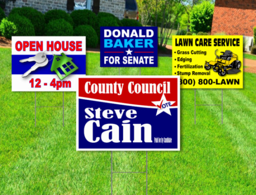 10 Pack – Custom Yard Signs-18×24-Full Color Design-Double Sided-Stakes Optional