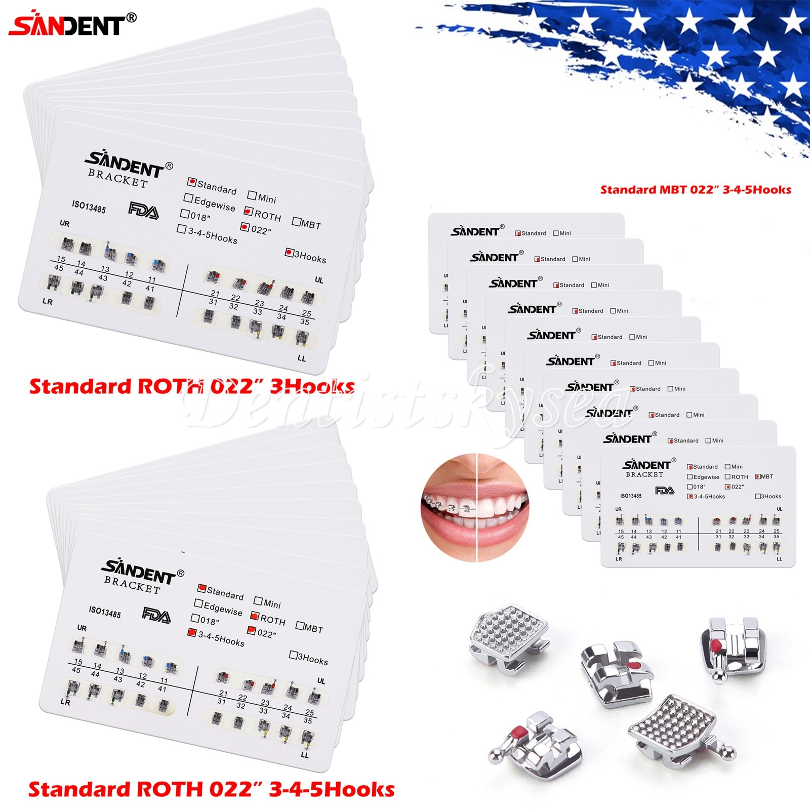 10-100Packs Dental Orthodontic Brackets Braces Standard Roth / MBT.022 3-4-5/3 L