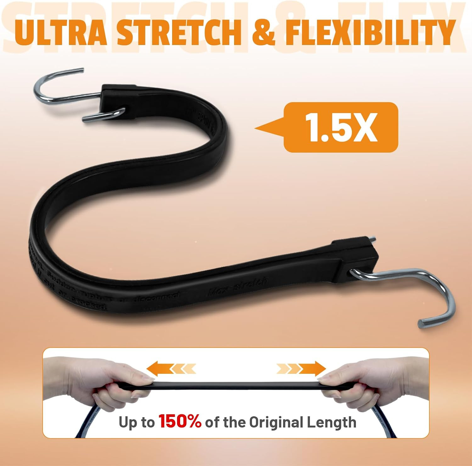15″ Rubber Bungee Cords with Hooks, Heavy Duty EPDM Bungee Cord with 150% Max St