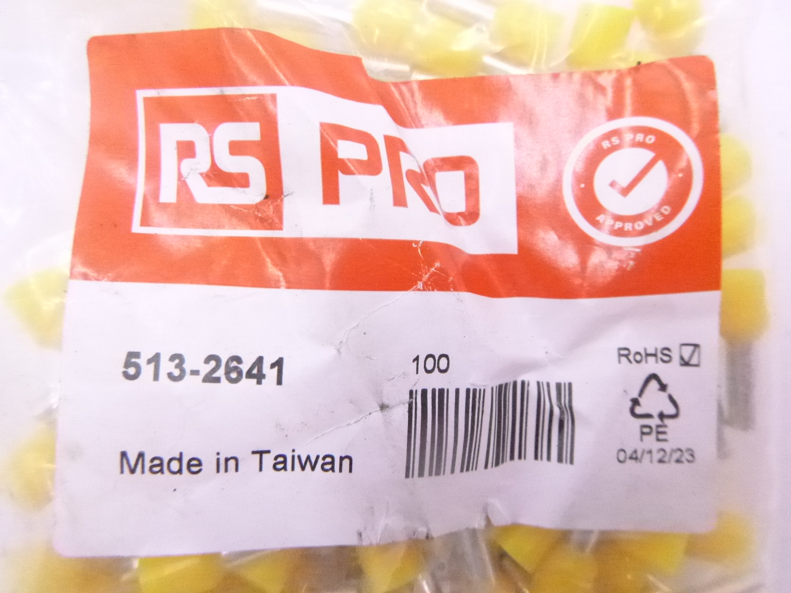 400 Pack RS Pro Insulated Crimp Bootlace Ferrule 12mm 3.5mm Dia. Yellow 100/Pack