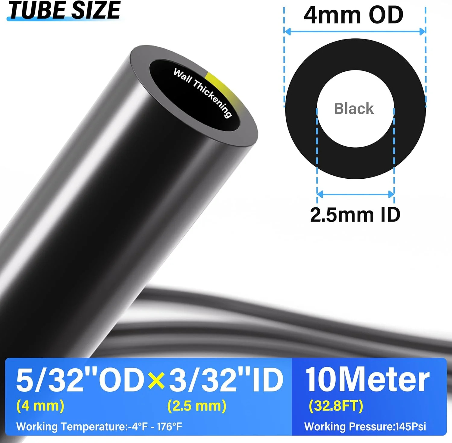 TAILONZ PNEUMATIC Black 4MM or 5/32 Inch OD 10 Meter 32.8ft PU Polyurethane Air