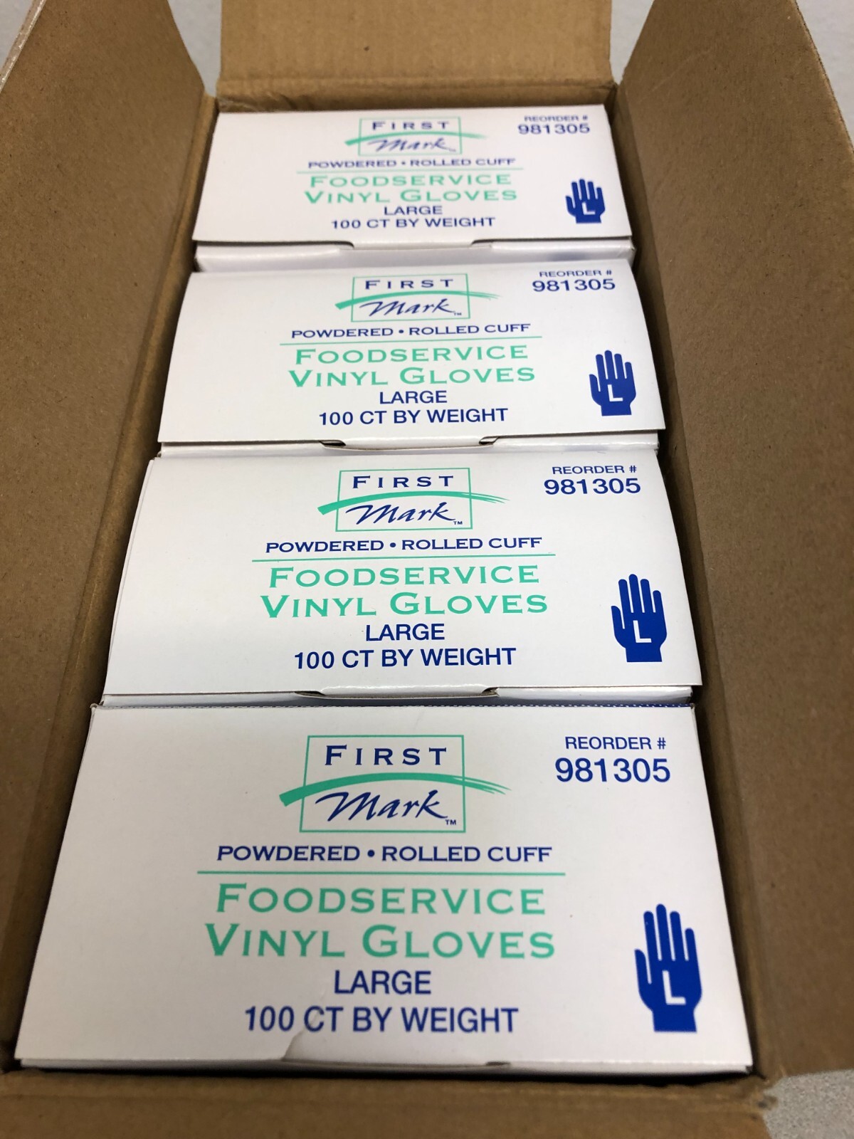 First Mark 981305 Powdered Rolled Cuff Food safe vinyl gloves 4 boxes of 100 LG