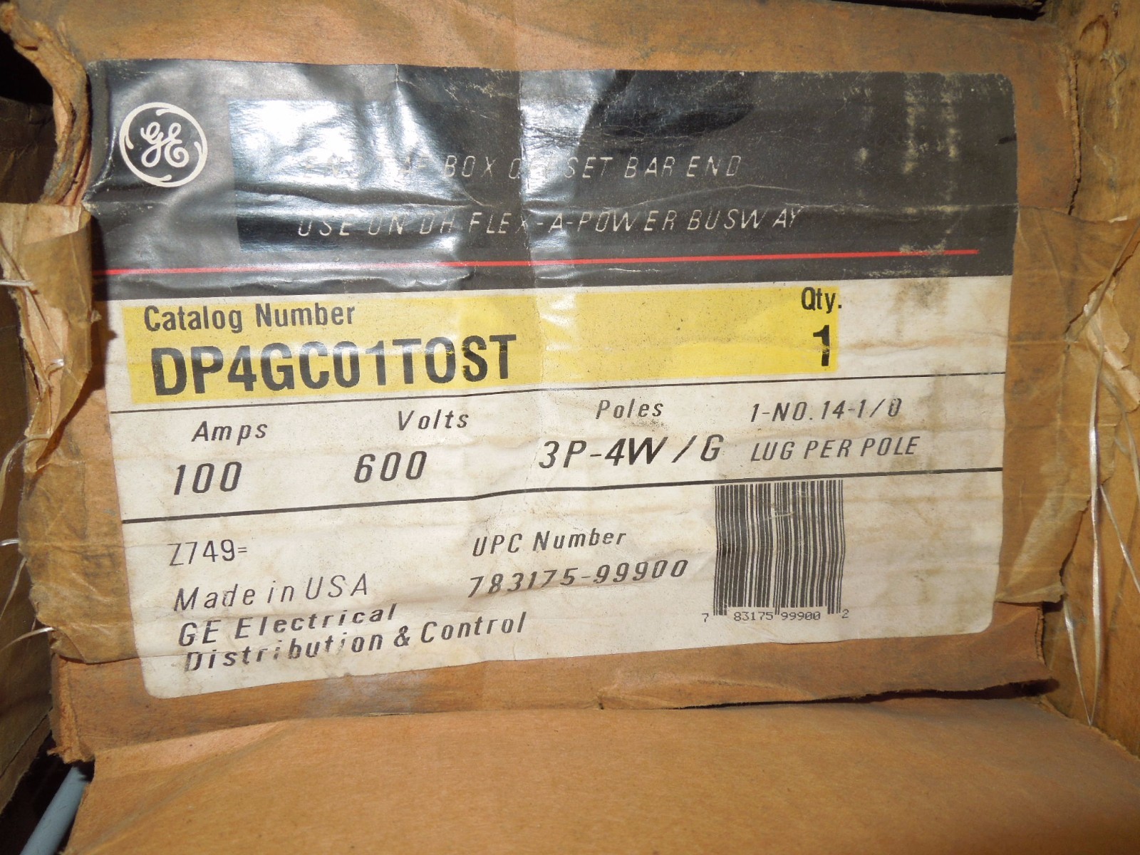 GE DP4GC01TOST End Tap Box Offset Bar 100A 3ph 4W w/ Grnd DH Flex-A-Power Busway