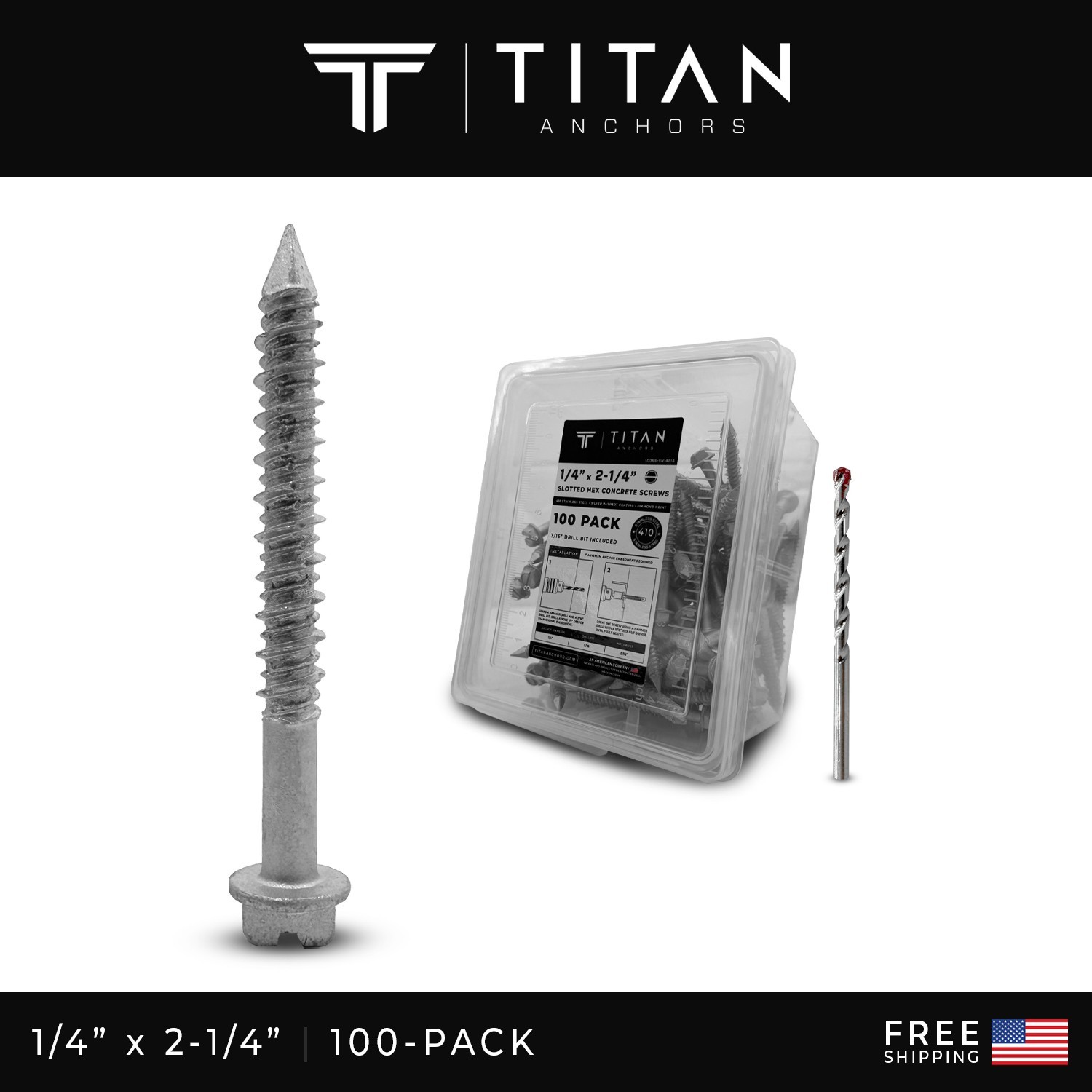 100-Pack 1/4 x 2-1/4″ 410 Stainless Steel Hex-Head Concrete Anchor Screws