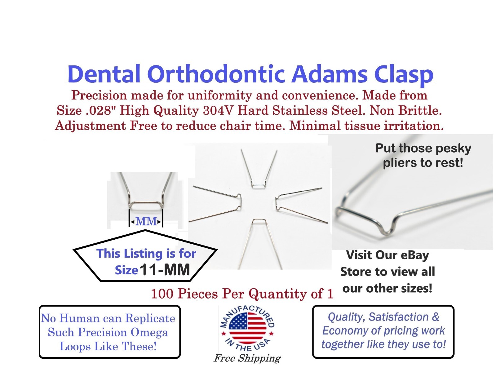 Size 11 mm Orthodontic Dental Adams Clasps Wires + 100 pieces + Free Shipping!