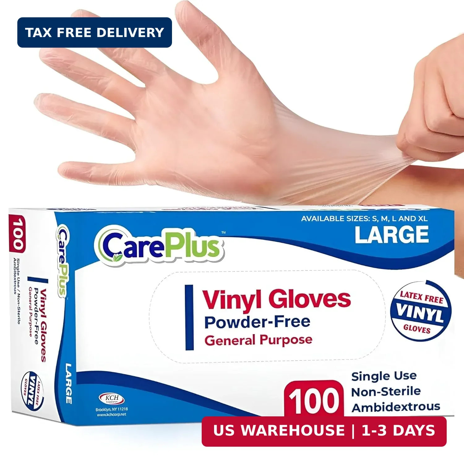 CARE PLUS Latex-Free Vinyl Gloves Clear Large Size 100 Count | Heavy Duty, Non-S
