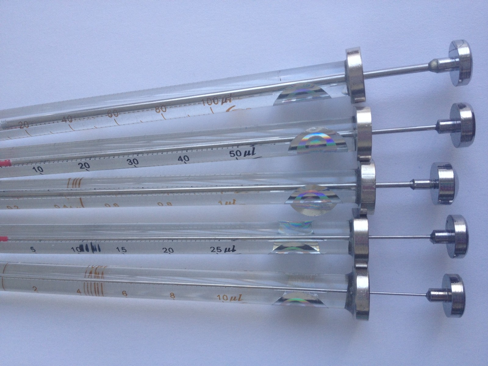 Set of 5 New Sorted Gas Chromatography Microliter Syringes 1, 10, 25, 50, 100 uL