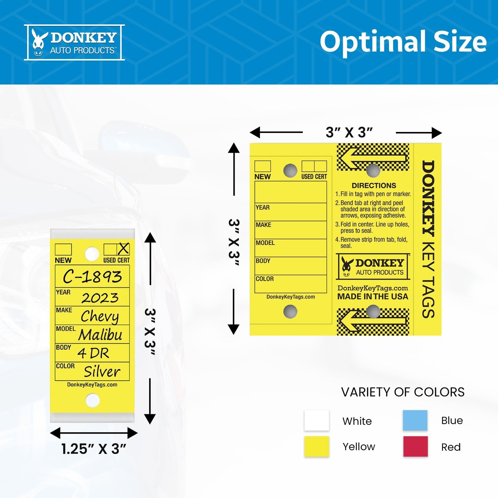 Donkey Laminated Key Tags Self-Protecting 250 Per Box with Metal Rings Yellow