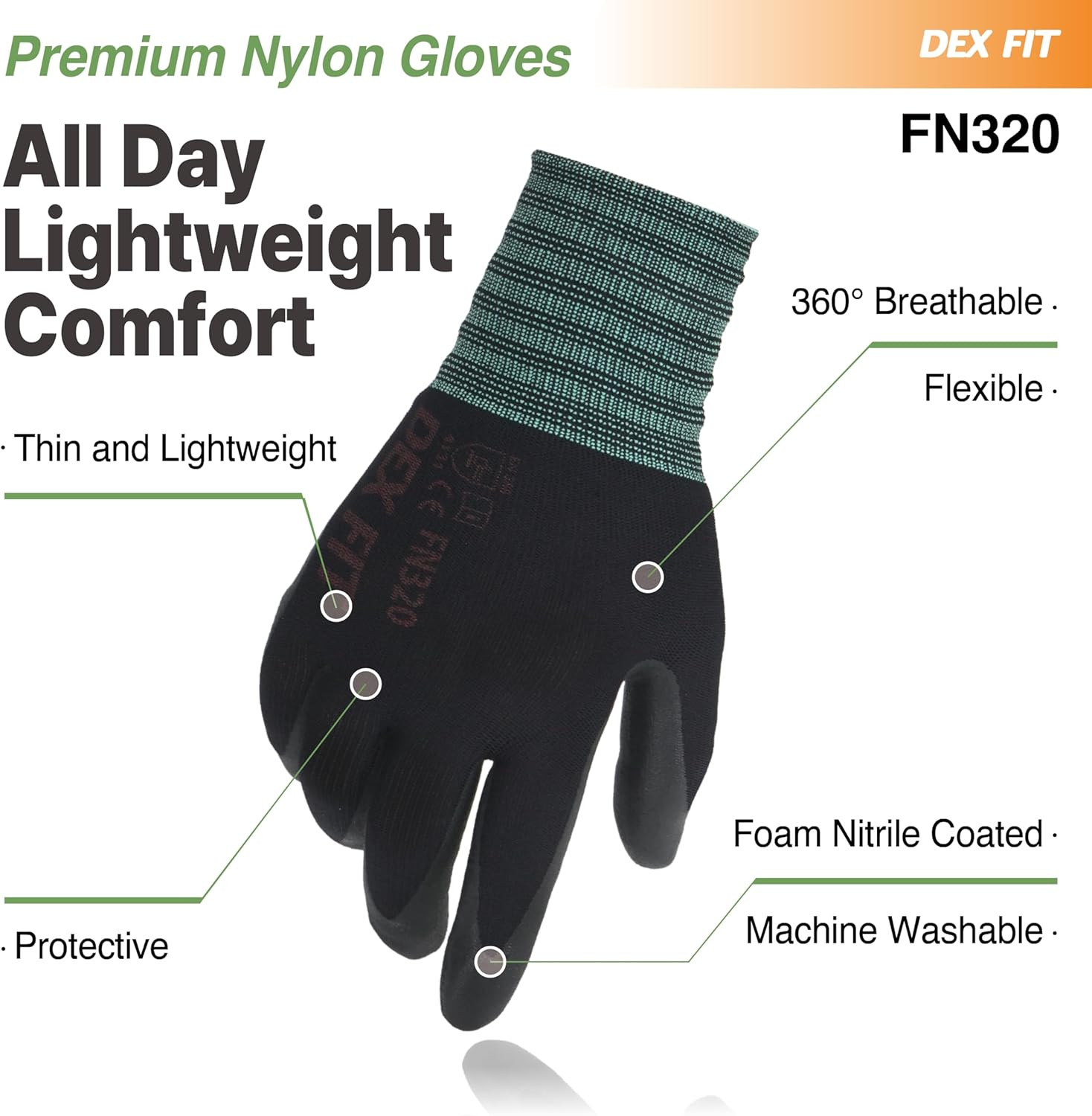 Nylon Work Gloves FN320, 3D Comfort Fit, Power Grip, Lightweight & Breathable, T