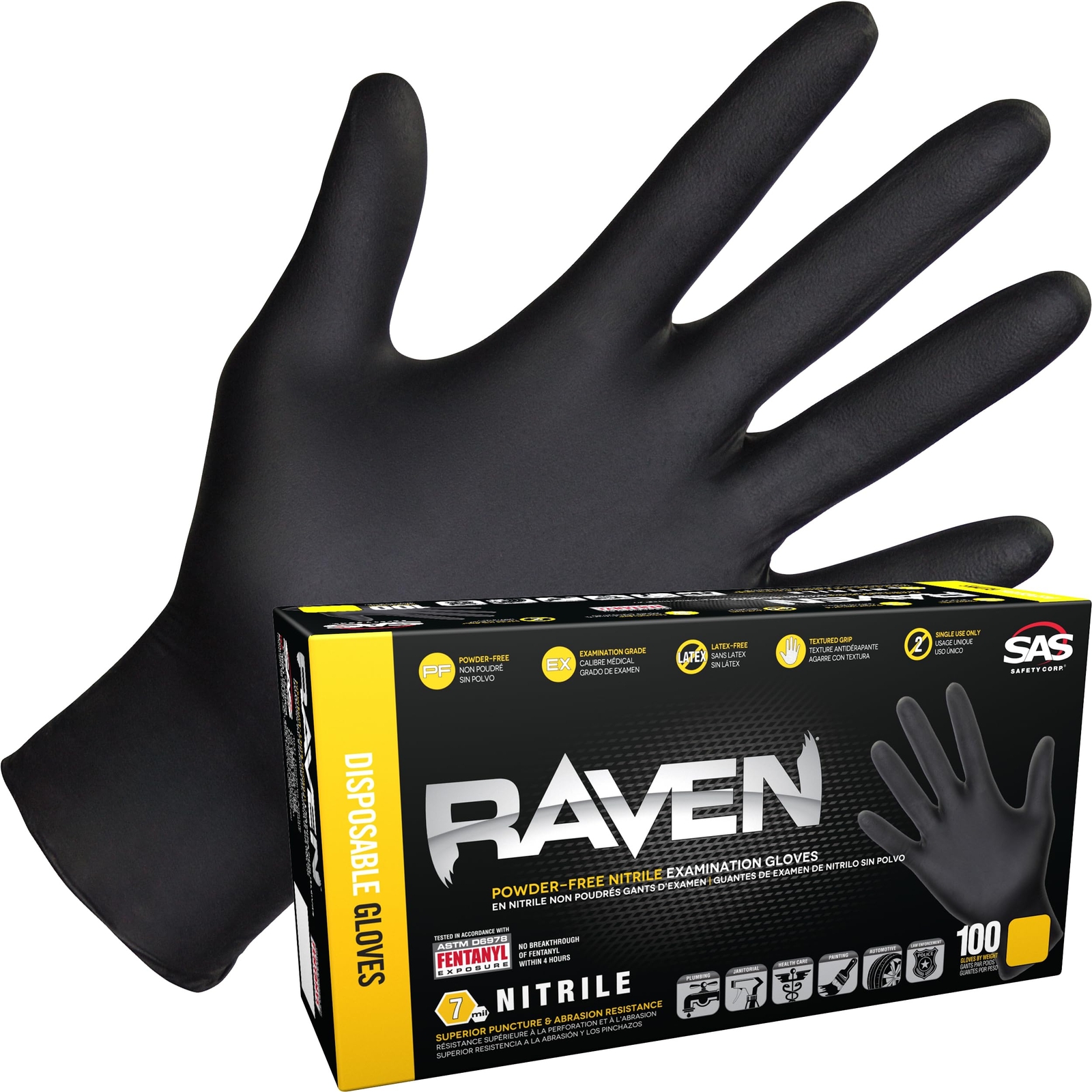 Raven Powder Free Nitrile Disposable Gloves | 7 Mil | Latex Free, Chemical + Pun