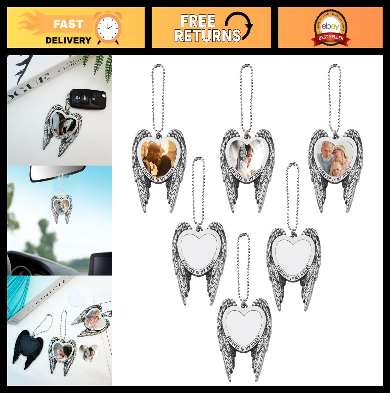 6 Set Sublimation Angel Wing Ornaments, Metal Heart Pendants, DIY Photo Crafts