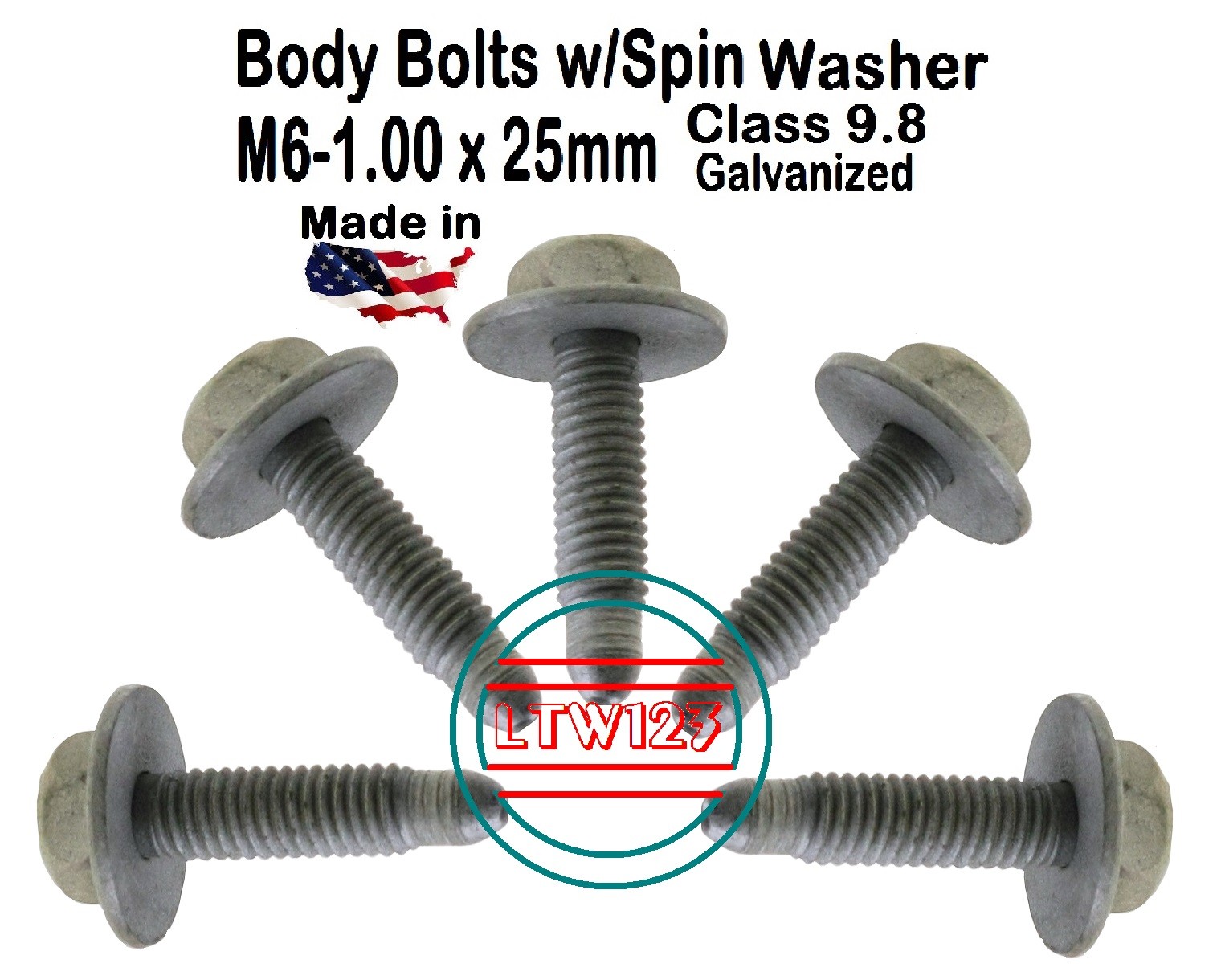 (4Pc) M6 – 1.00 x 25 mm (FT) Coarse Class 9.8 Spin Washer Galvanized (LT-M06_25)