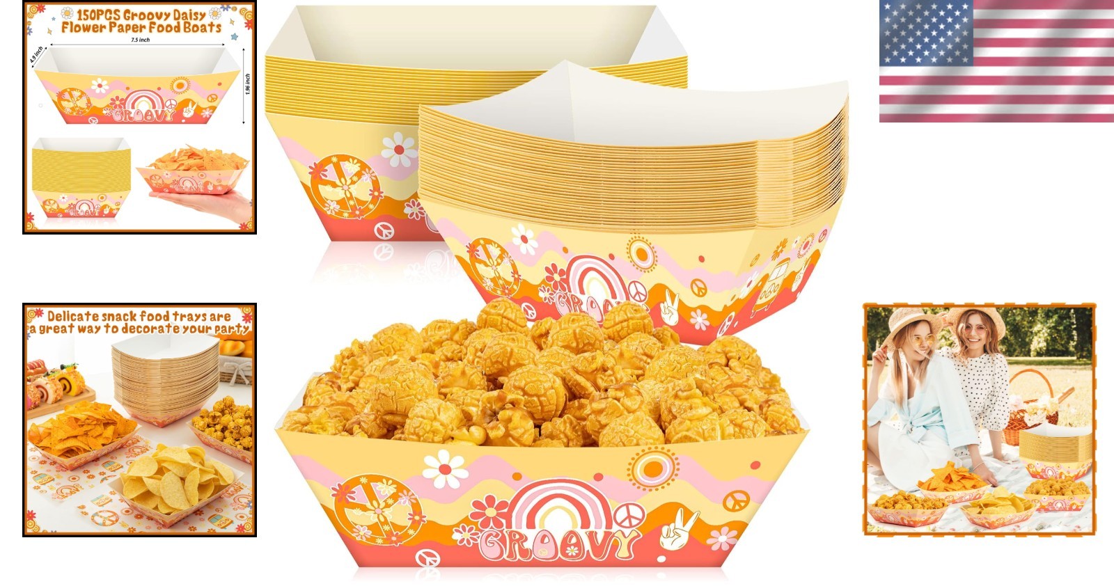 50PCS Hippie Paper Food Trays Groovy Daisy Flower Disposable Picnic Party