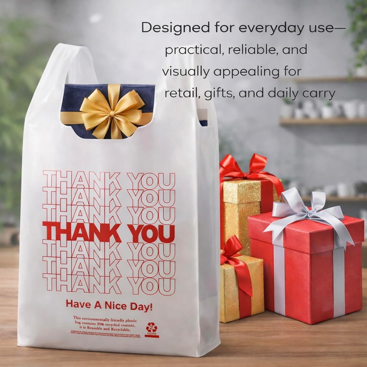 1000 Pack White Thank You T-Shirt Bags with Handles, 11″x6″x21″ Plastic Shopp…