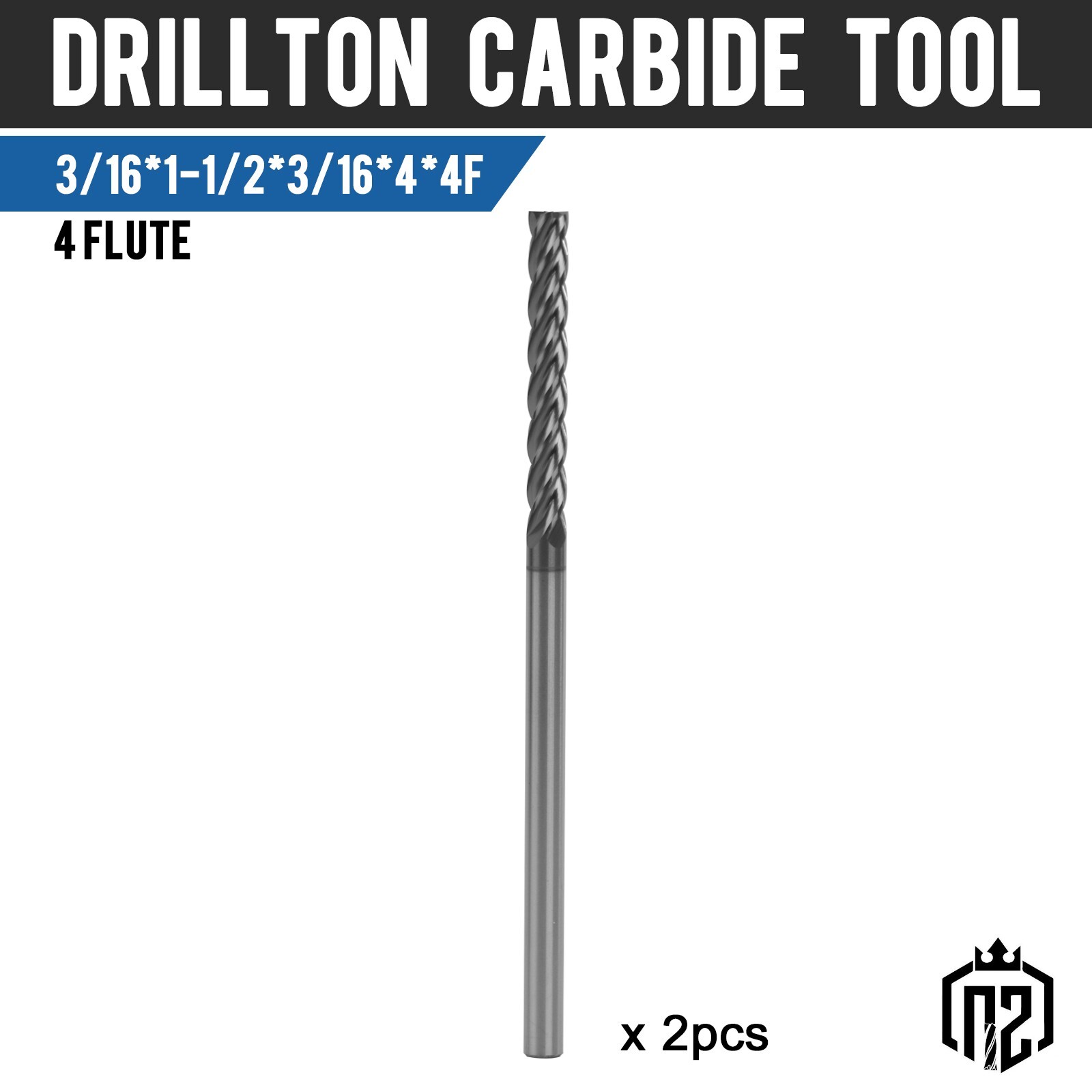 2PCS 4 Flute 3/16″ x 1-1/2″ x 4″ Solid Carbide End Mills AlTiN Coated CNC Bit