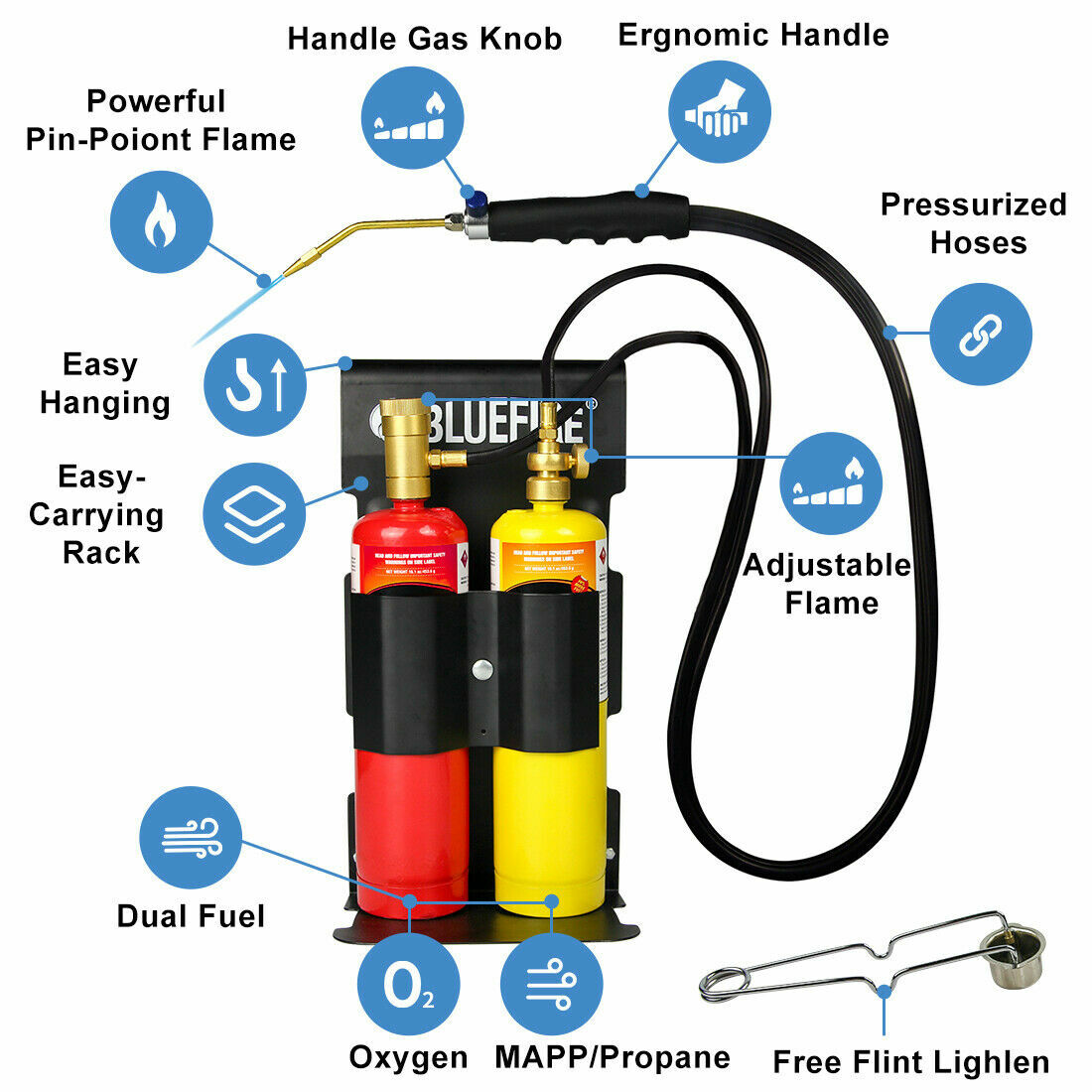 BLUEFIRE Oxygen MAPP Propane Welding Torch Kit MAP Gas Cylinder Rack Flint Light