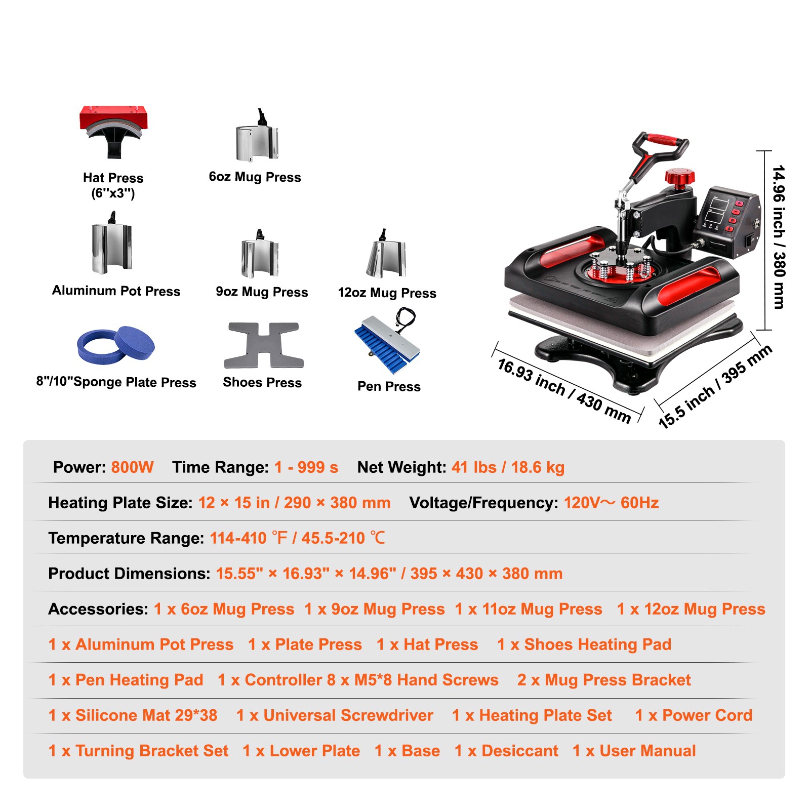 VEVOR 11 in 1 Combo Heat Press 15″x12″ Sublimation Machine T-Shirt Mug Hat Plate