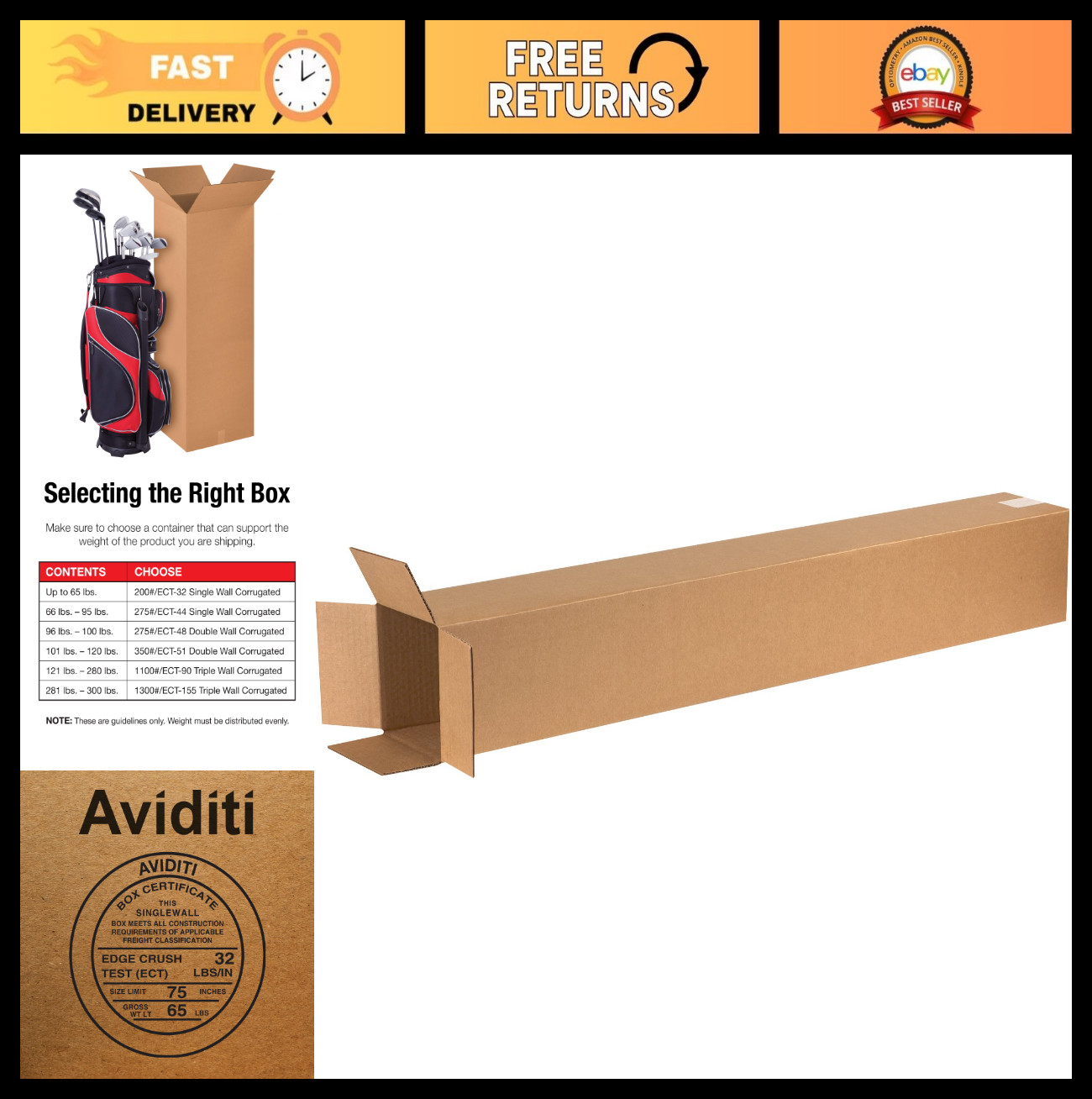 25-Pack Tall Corrugated Moving Boxes 6x6x48 for Shipping, Storage & Packing