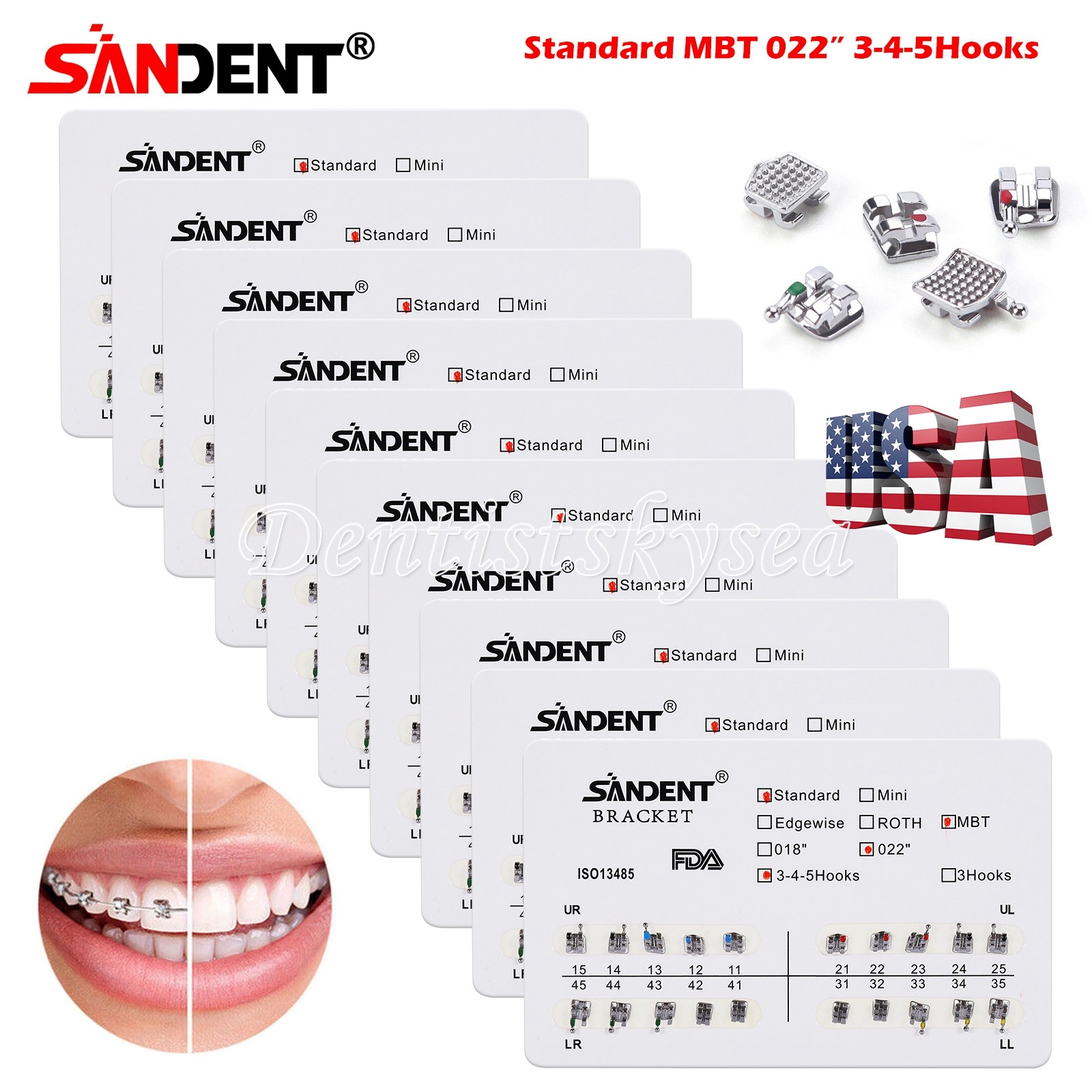 10-100Packs Dental Orthodontic Brackets Braces Standard Roth / MBT.022 3-4-5/3 L