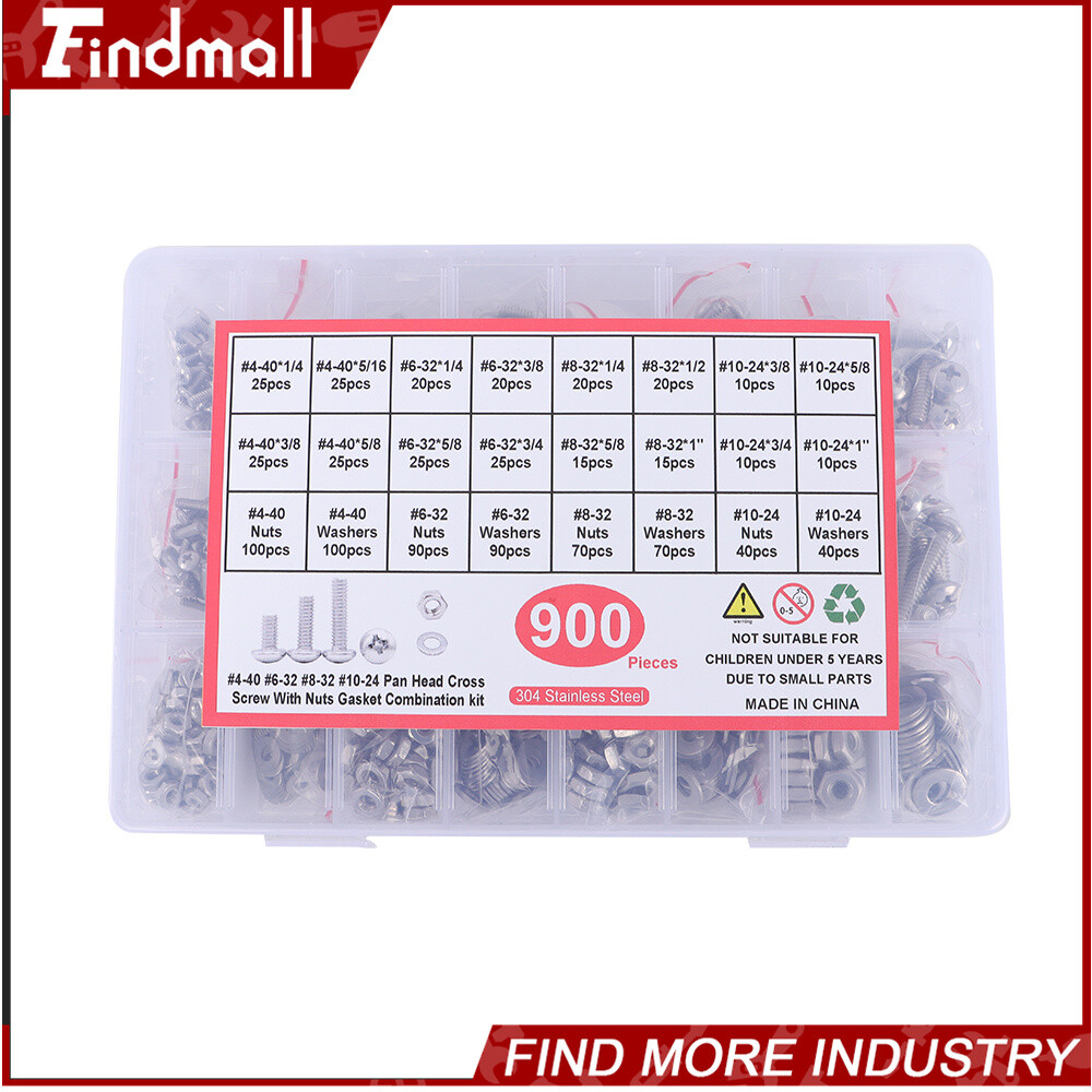 Findmall 900PCS #4-40#6-32#8-32#10-24 Nuts And Bolts Machine Scre Assortment Kit