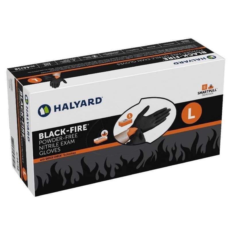 *1,500-Pieces* Halyard Black-Fire PF Nitrile Medical Exam Gloves Large 44758