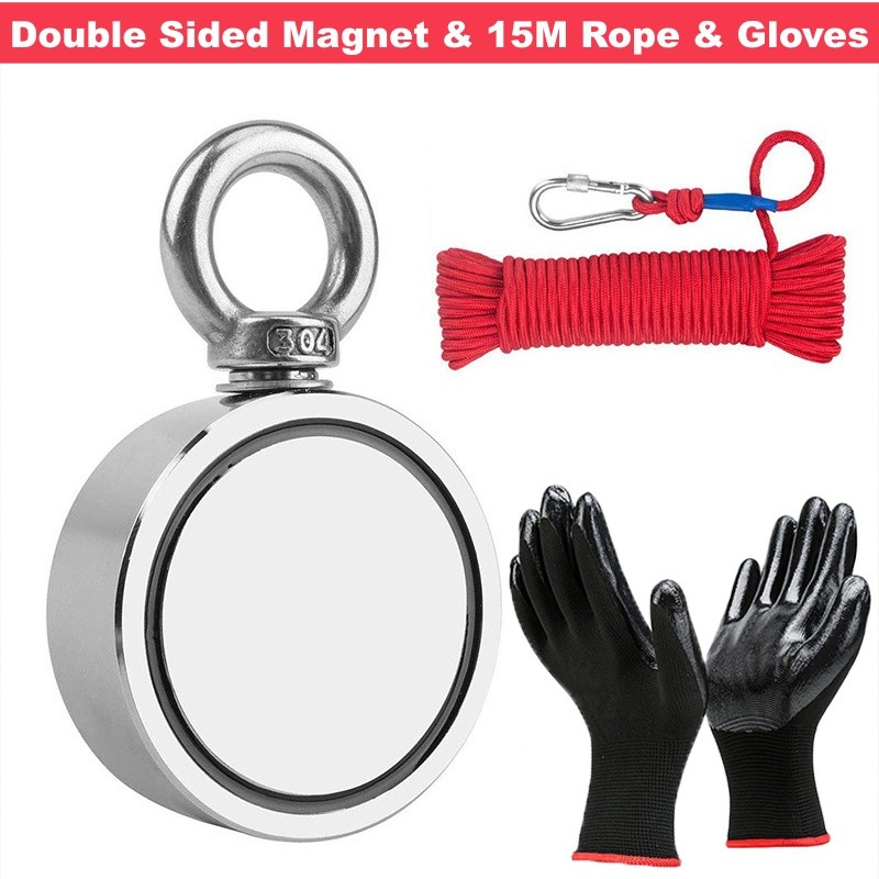 500lbs Double Sided Fishing Magnet Kit Pull Force Strong Neodymium+Rope+Gloves