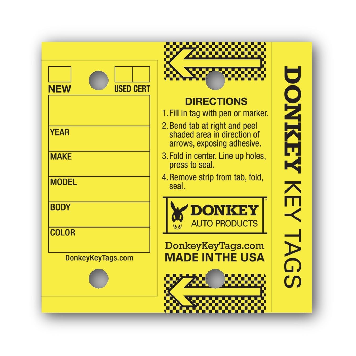 Donkey Laminated Key Tags Self-Protecting 250 Per Box with Metal Rings Yellow