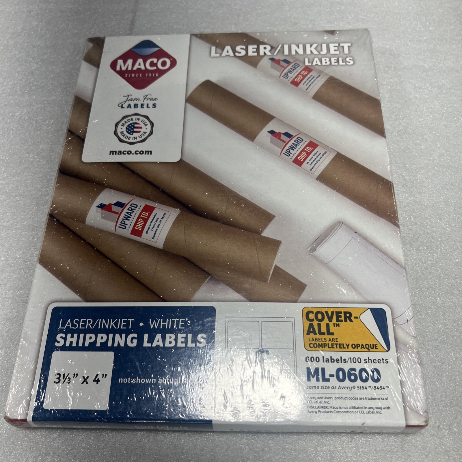 MACO (100 SHEET,600LABELS TOTAL) Jam-Free Laser/Inkjet Labels 31/2”x4”White