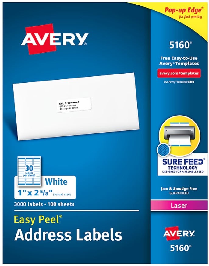 Avery 5160 Easy Peel Address Labels 1 x 2 5/8″ 30/sheet – Choose 600/900/1500