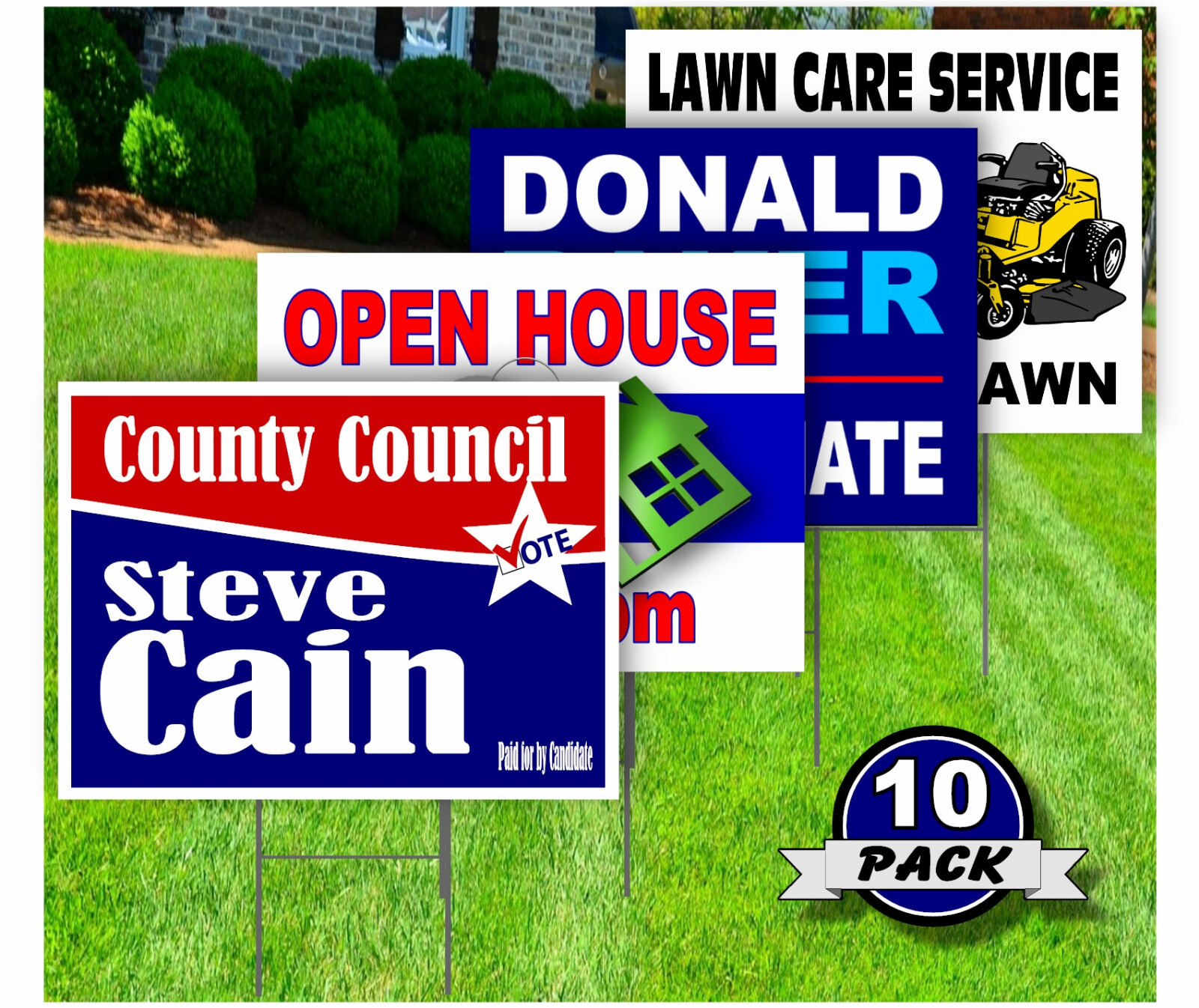 10 Pack – Custom Yard Signs-18×24-Full Color Design-Double Sided-Stakes Optional
