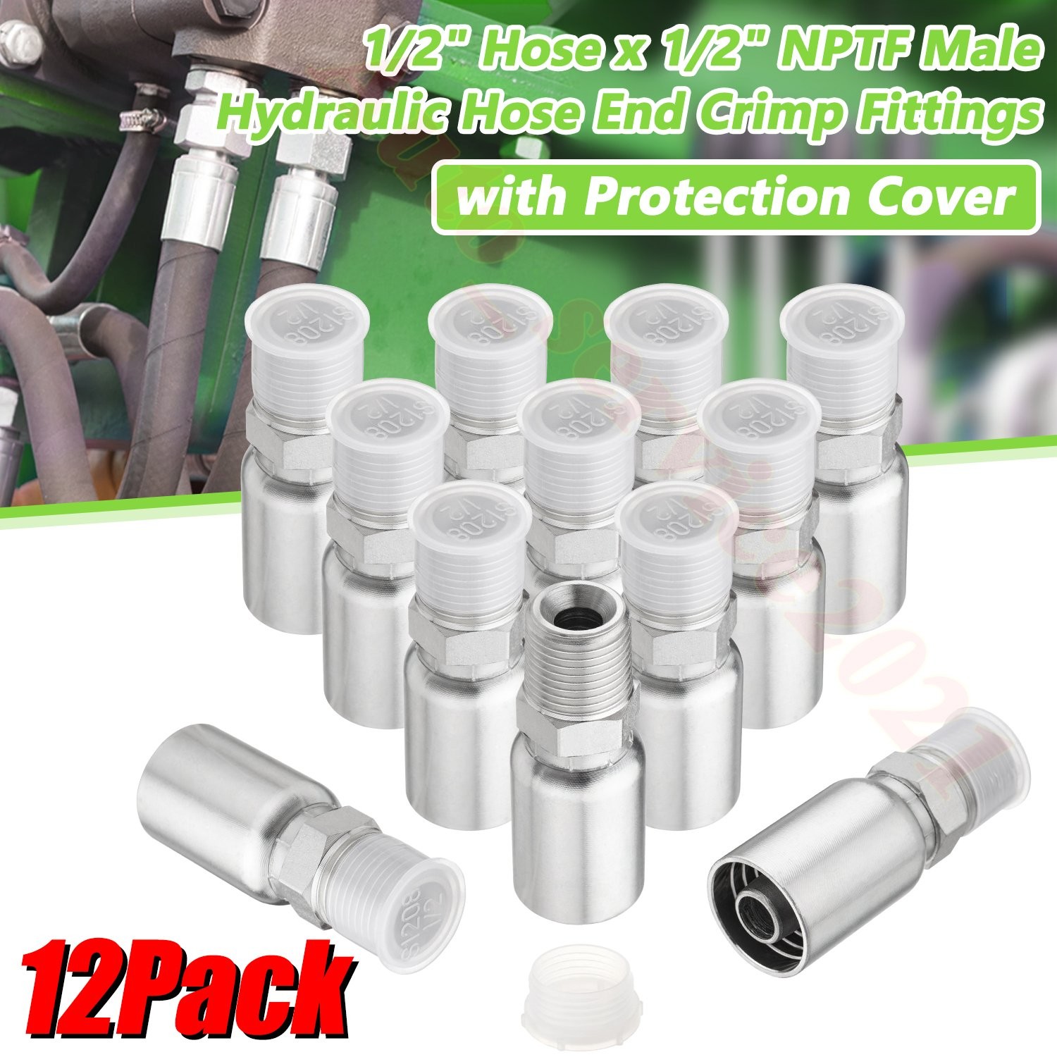 12-Pack 1/2″ Hose x 1/2″ NPTF Male Pipe Thread Hydraulic Hose End Crimp Fittings
