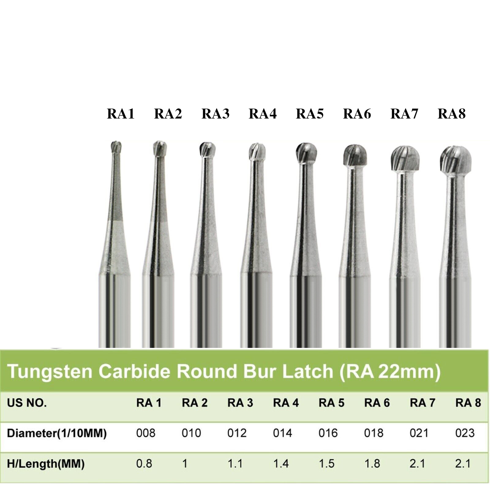 1-10 Dental Round Carbide Burs For Slow Speed Contra Angle Latch Type RA #1-8