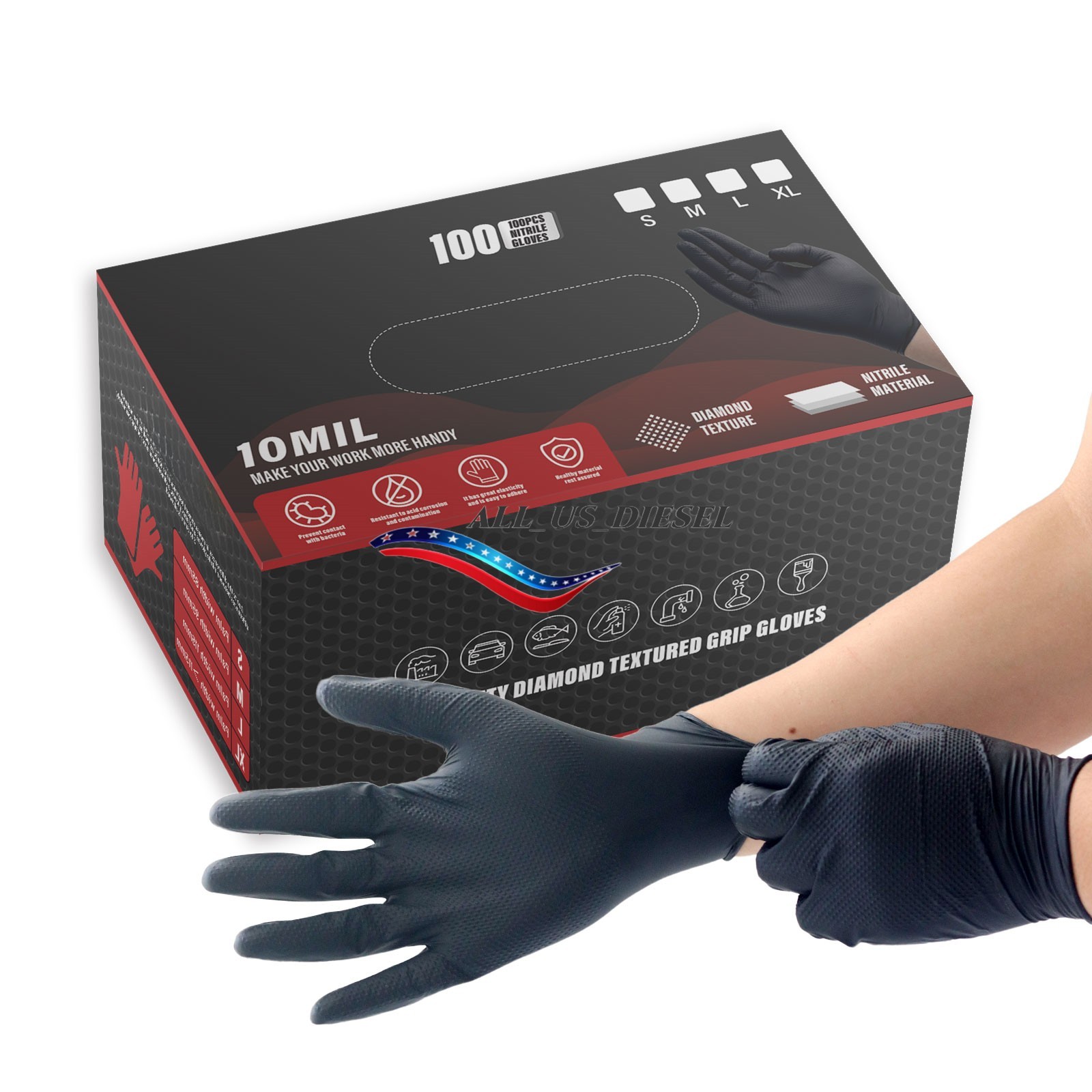 Heavy Duty Nitrile Disposable Gloves 10 Mil Diamond Texture 10 Boxes Size XL